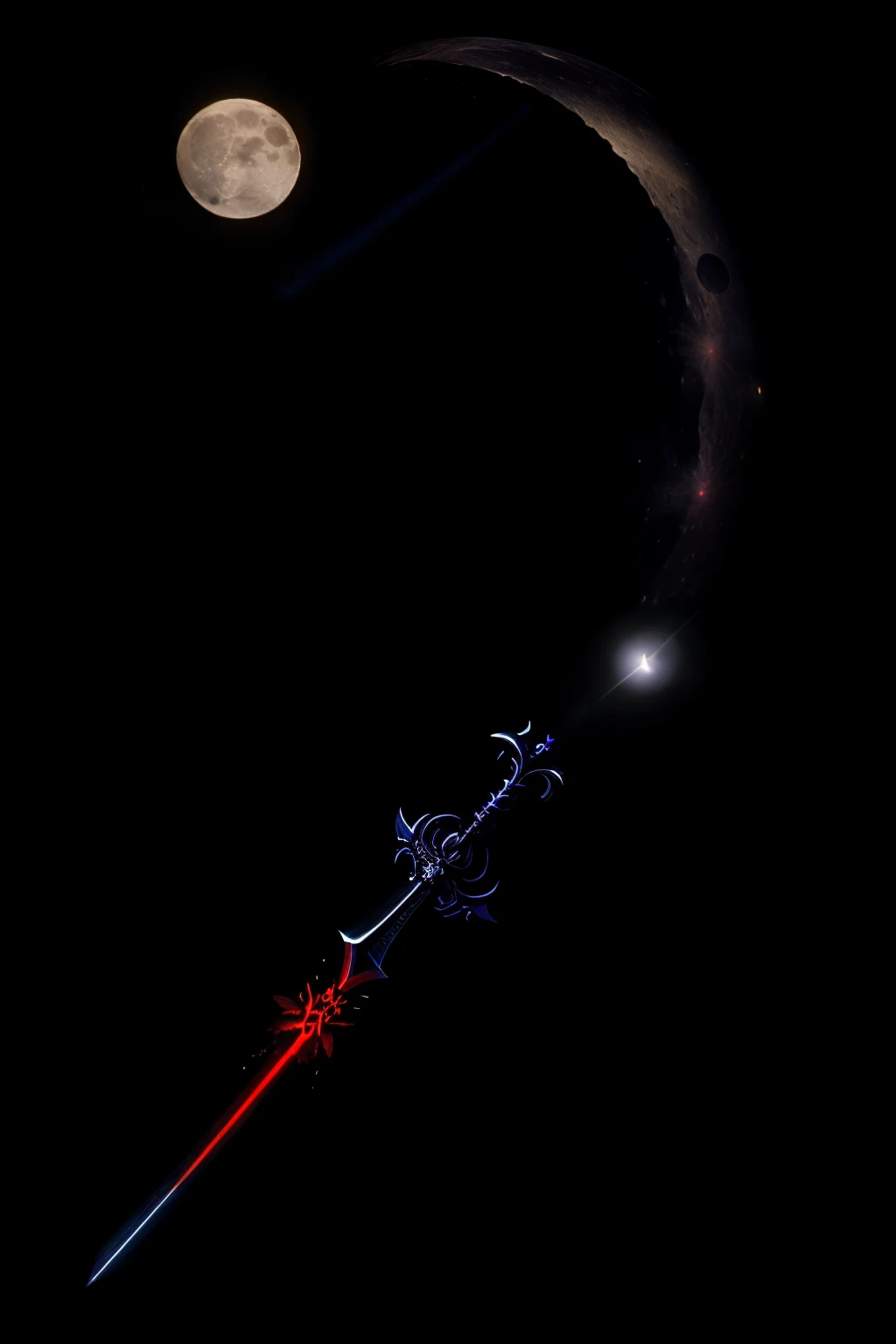 there is a jet that is flying in the air with a full moon in the background, glowing sword, complete darkness background, nocturne from league of legends, glowing sword in hand, black and red fantasy sword, magical sword, ominous space battle background, lightsaber wallpaper 4 k, darkness background, sci-fi sword, chainsword in the other, dark backround