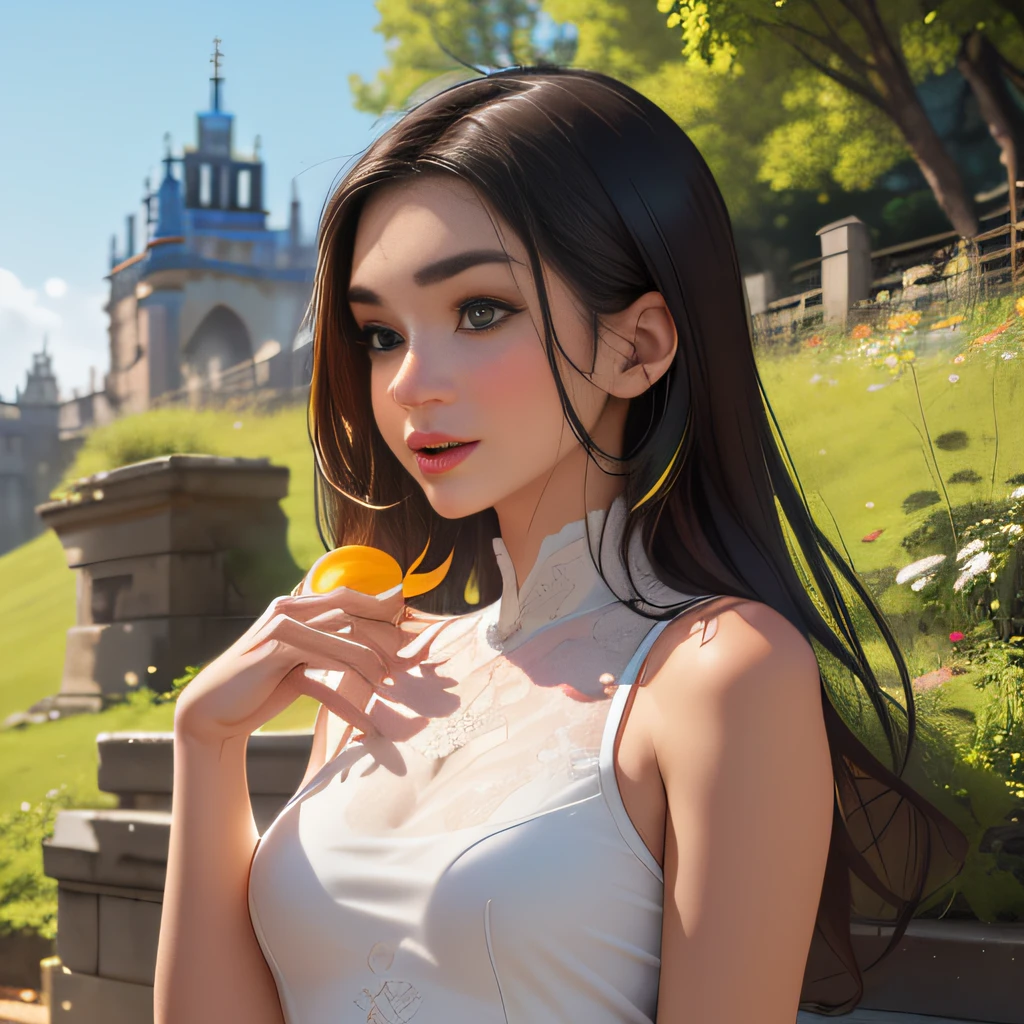 (Extremely detailed 8k wallpaper:2), (photo:2), (26 years old soigne Beautiful girl:2), (gives a lecture to friends:2), detailed (Face and eyes), (hyper realistic:1), (highly detailed:1), (epic realistic:1), rim light, (maximum details:1), cozy, (fullbody:1.3), (looking at viewer:2), (Woman's Attractive Qualities:2), (Attractive Woman:2), (Attractive:2), Smile, Intelligence, Empathy, Gracefulness, Sense of Style, Fitness, Grooming, Optimism, (Sensitivity:2), Sincerity, Romantic Gestures, Playfulness, Fashion Sense, (Sensuality:2), Charm, Modesty, Thoughtfulness, (Femininity:1), Flirtatiousness, Warmth, (Physical attractiveness:2), A beautiful smile, A love of life, strength and power, vulnerability, curiosity, wonder, love, (nature background:2), kawaii, waifu, Beautiful breasts, (attractive body:2), (Beautiful body:2), Beautiful pose, attractive pose, (Beautiful legs:1.0), (Beautiful clothes:1), (classic clothes:2), (elegant clothes:2), (European clothes:2), detailed clothes, (skirt:1), (blouse:1), (provocative pose)