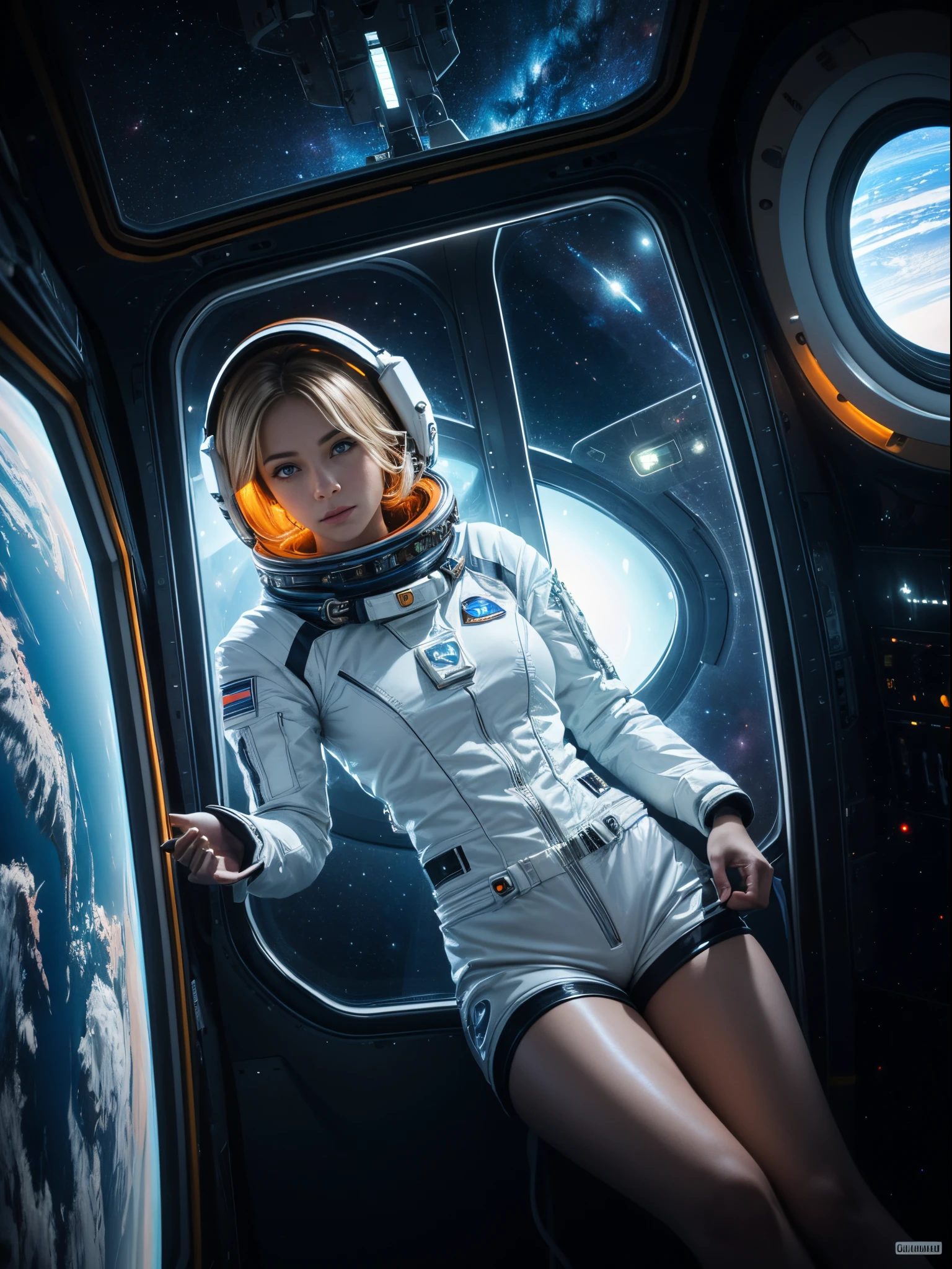 Masterpiece, superlative, realistic, female space pilot with blue eyes and blond hair is wearing a futuristic space suit, latex, gold, white, shiny, glowing light stripes in space suit, top, shorts, holding an instrument in her hands, HD, the girl is floating around in zero gravity in a cabin of a futuristic spaceship, no gravity, weightless, flying around, through a window in the spaceship we can see a red planet, low light in the space cabin, lots of displayers and instruments are the main source for the light in the scene, displayers in orange and blue light, very warm light with some blue hi-lights, cinematic lighting in the hair, hair light, hair flying around because of the zero gravity,