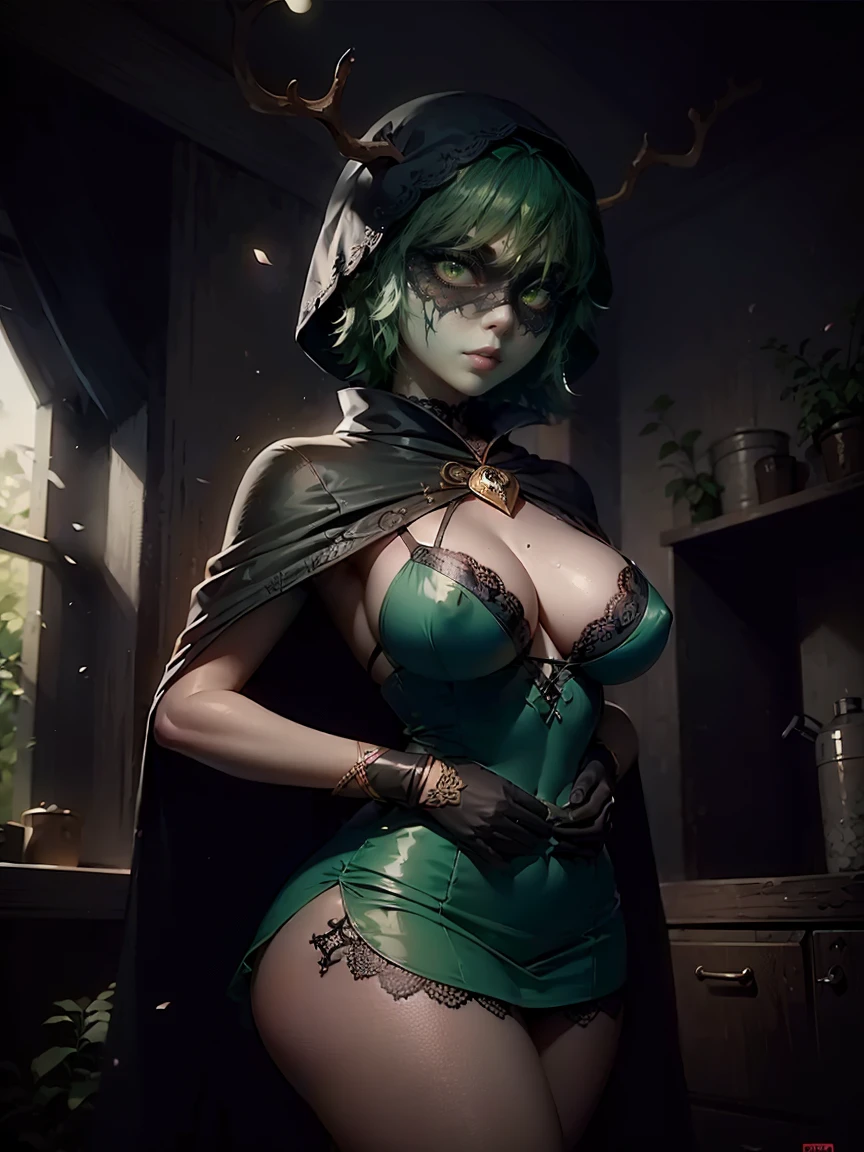 (master piece: 1.1), 1girl, solo, mature body BREAK (green hair, green sclera, green eyes, colored skin, green skin, domino mask, antlers) BREAK (wearing short dress, lace dress), Intricate details, detailed face, (high detailed eyes), bright eyes, cowboy shot, cape, (black gloves on hands), simple nature background, above view