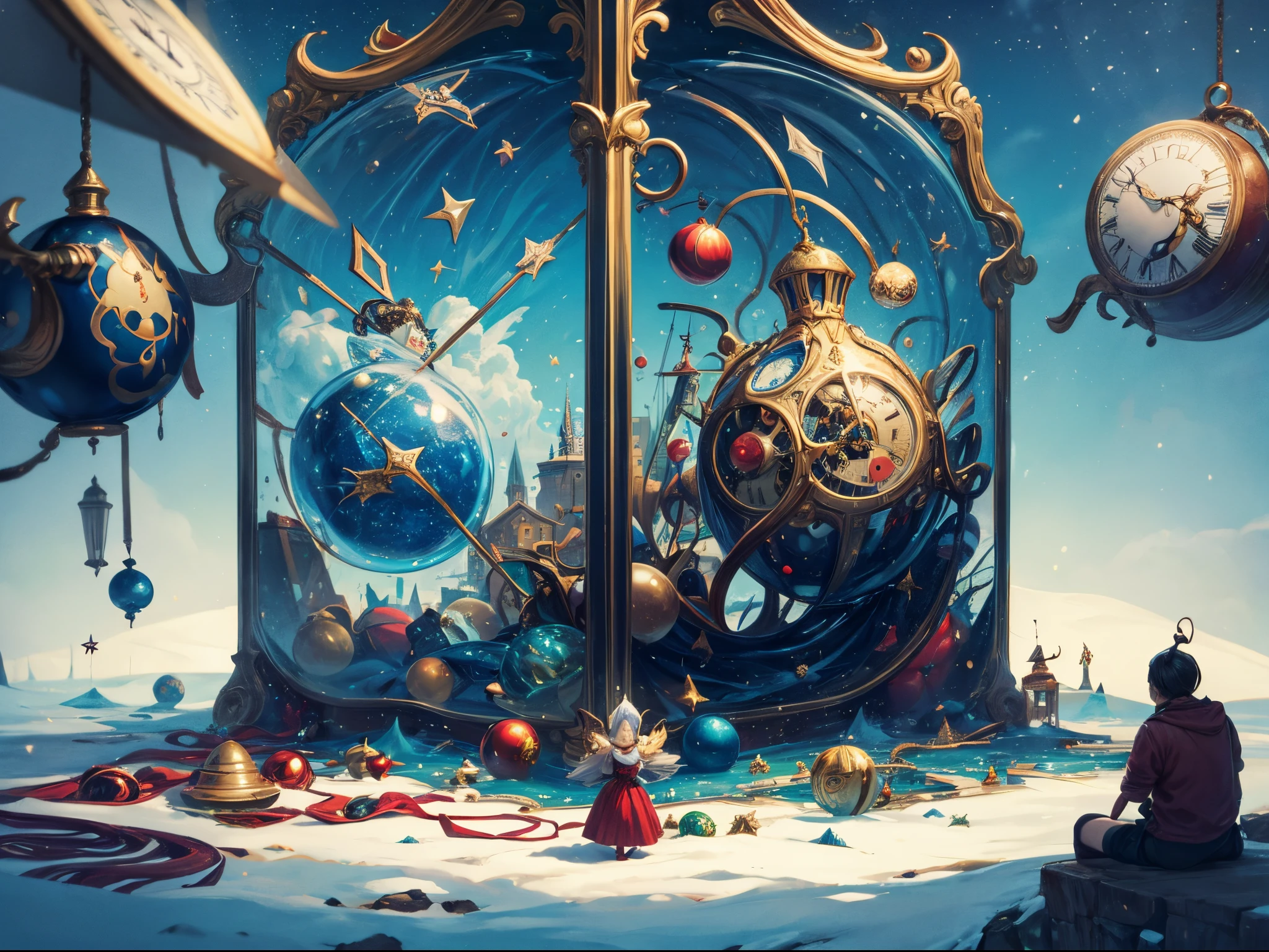 A surreal Christmas scene inspired by Salvador Dali, featuring melting clocks, whimsical ornaments, and dreamlike landscapes.