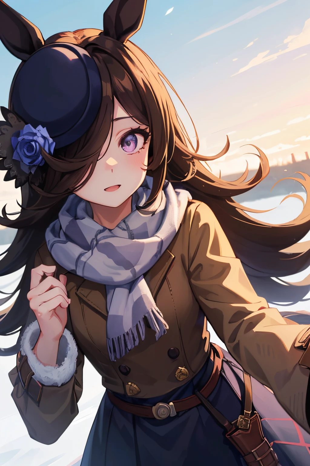 (masutepiece.top-quality).(Dynamic Angle). (Very spectacular detail CG painting),(image perfect)、Solo Girl、comic strip.Illustration.1 girl in.Detailed face、face perfect.delicated face、girl in delicate winter clothes、((Brown long coat))、Textured skin、Black hair.long、(Horse-eared girl)Horse-eared girl、((Beautiful lilac eyes)).Delicate and beautiful eyes、Eyes written in detail、Reflected eyes、Watery eyes、Lilac eyes、smil.(Wearing cute winter clothes:1.3).(muffler:0.8)、Autumn sky、8k wallpaper、cowboy shot、Reflected Light、highestdetailed、Convoluted、Delicate background、Textured skin、Detailed skin、(ultra res)、(Solo Girl)