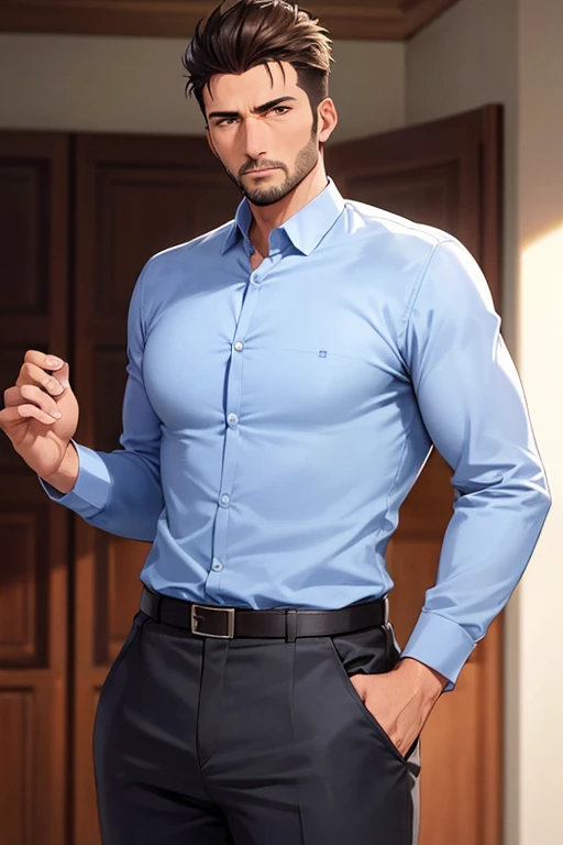 Hombre adulto, forty years, alto, brown eyes, brown hair, corto y ondulado, traje, musculoso, masculino, stern expression, sin barba