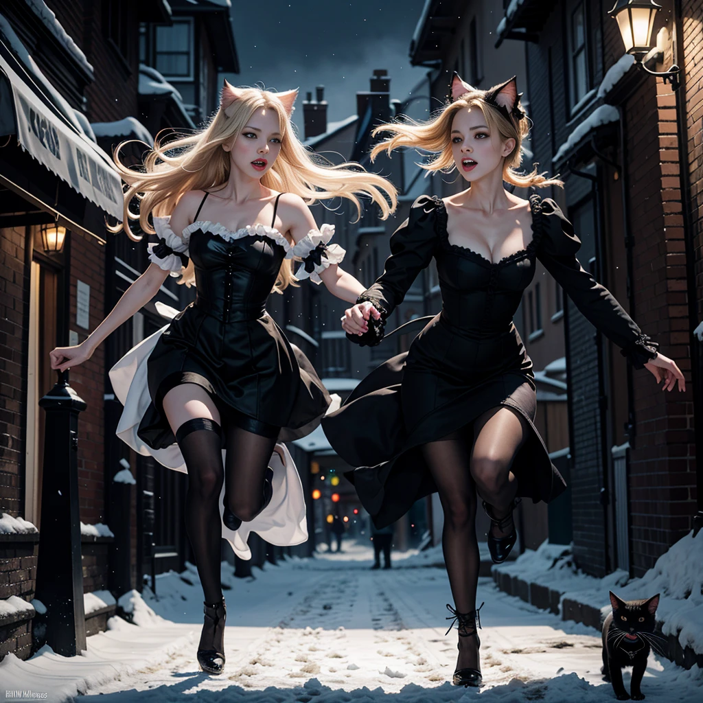 Victorian street at midnight. High action. Two middle-aged women leaping at each other in an angry, savage cat fight. BREAK. One woman is super skinny, pale gray skin, black hair, shredded purple Victorian dress, cat fighting with, BREAK, one blonde, pale, woman vampire_\(girl, fang, claws\) with red eyes, wearing a white nightgown, BREAK, on a deserted, snowy, Victorian street at night. Painting in the style of classic movies. Dramatic, cinematic lighting.