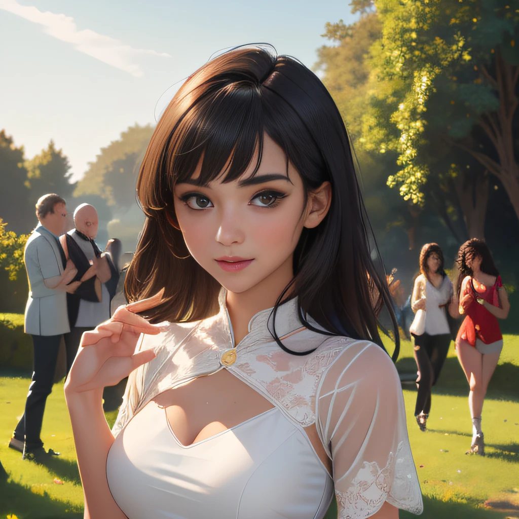 (Extremely detailed 8k wallpaper:2), (photo:2), (26 years old soigne Beautiful girl:2), (gives a lecture to friends:2), detailed (Face and eyes), (hyper realistic:1), (highly detailed:1), (epic realistic:1), rim light, (maximum details:1), cozy, (fullbody:1.3), (looking at viewer:2), (Woman's Attractive Qualities:2), (Attractive Woman:2), (Attractive:2), Smile, Intelligence, Empathy, Gracefulness, Sense of Style, Fitness, Grooming, Optimism, (Sensitivity:2), Sincerity, Romantic Gestures, Playfulness, Fashion Sense, (Sensuality:2), Charm, Modesty, Thoughtfulness, (Femininity:1), Flirtatiousness, Warmth, (Physical attractiveness:2), A beautiful smile, A love of life, strength and power, vulnerability, curiosity, wonder, love, (nature background:2), kawaii, waifu, Beautiful breasts, (attractive body:2), (Beautiful body:2), Beautiful pose, attractive pose, (Beautiful legs:1.0), (Beautiful clothes:1), (classic clothes:2), (elegant clothes:2), (European clothes:2), detailed clothes, (skirt:1), (blouse:1), (provocative pose)