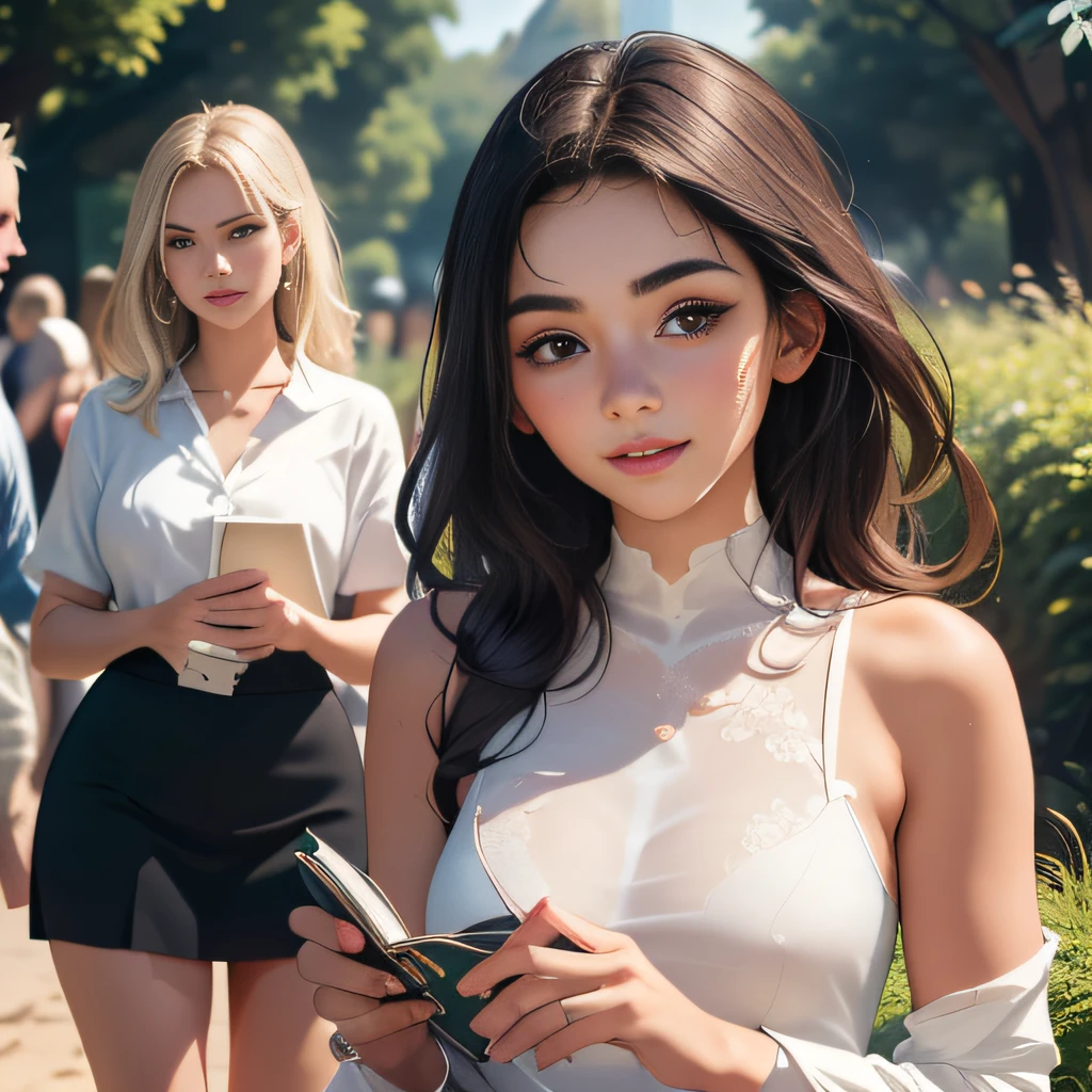 (Extremely detailed 8k wallpaper:2), (photo:2), (26 years old soigne Beautiful girl:2), (gives a lecture to friends:2), detailed (Face and eyes), (hyper realistic:1), (highly detailed:1), (epic realistic:1), rim light, (maximum details:1), cozy, (fullbody:1.3), (looking at viewer:2), (Woman's Attractive Qualities:2), (Attractive Woman:2), (Attractive:2), Smile, Intelligence, Empathy, Gracefulness, Sense of Style, Fitness, Grooming, Optimism, (Sensitivity:2), Sincerity, Romantic Gestures, Playfulness, Fashion Sense, (Sensuality:2), Charm, Modesty, Thoughtfulness, (Femininity:1), Flirtatiousness, Warmth, (Physical attractiveness:2), A beautiful smile, A love of life, strength and power, vulnerability, curiosity, wonder, love, (nature background:2), kawaii, waifu, Beautiful breasts, (attractive body:2), (Beautiful body:2), Beautiful pose, attractive pose, (Beautiful legs:1.0), (Beautiful clothes:1), (classic clothes:2), (elegant clothes:2), (European clothes:2), detailed clothes, (skirt:1), (blouse:1), (provocative pose)