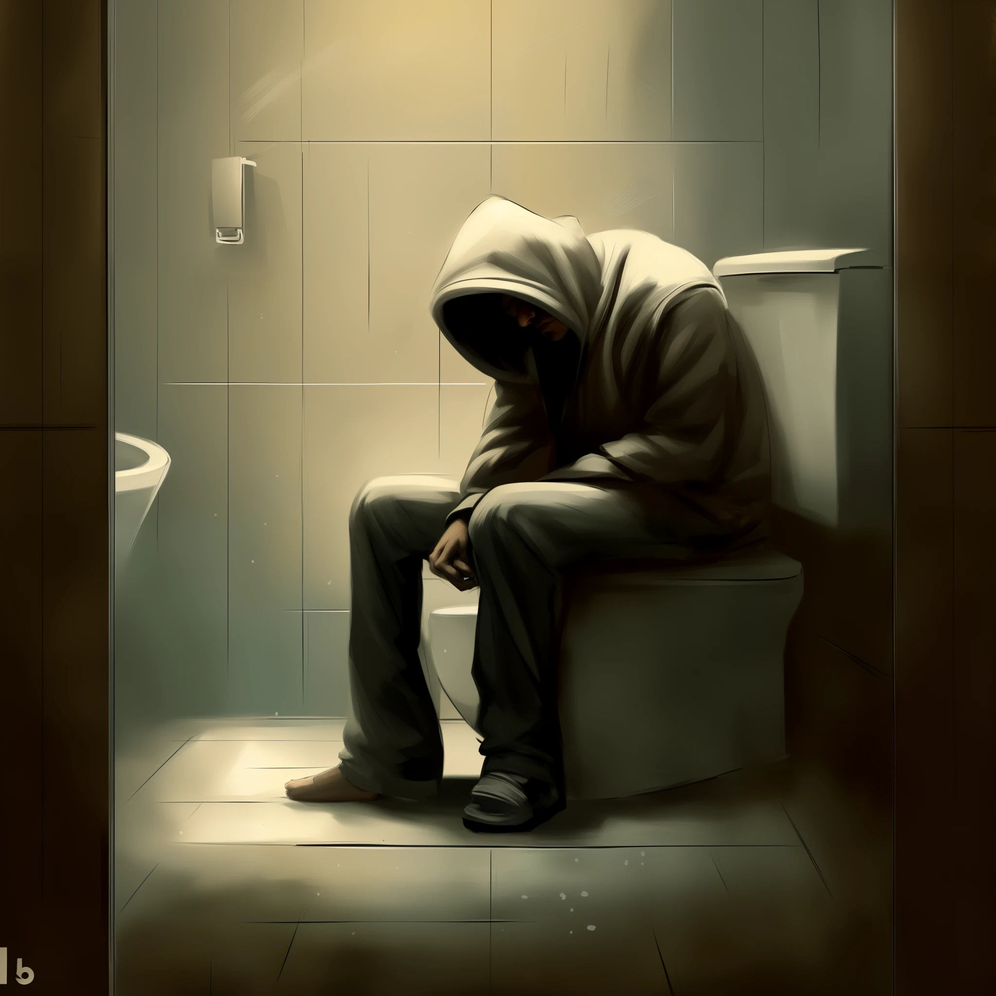 arafed man sitting on a toilet in a bathroom with a hood on, emotional picture, sad, siting on a toilet, lonely and sad, depressed, very sad, sad man, what depression looks like, depressive, depressed mood, by Cyril Rolando, artistic illustration, unsanitary, depression, sad mood, depressing image, emotional concept art