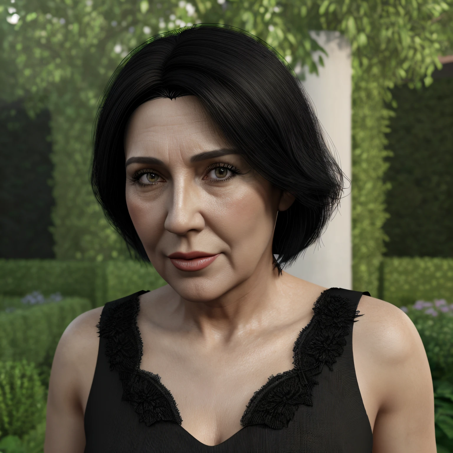 50 year old woman in short black dress., fondo de jardin, hyperrealista, Renderizado 3D, 4K UHD