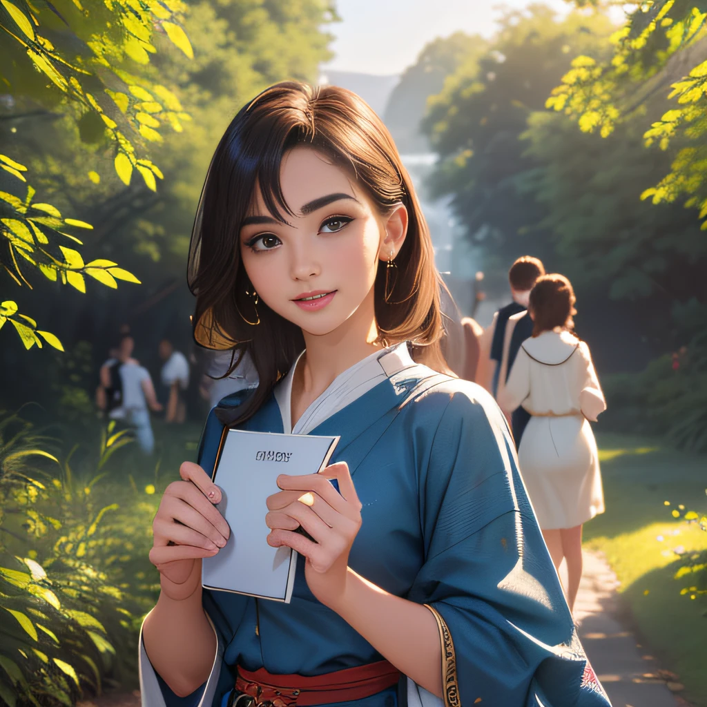 (Extremely detailed 8k wallpaper:2), (photo:2), (26 years old soigne Beautiful girl:2), (gives a lecture to friends:2), detailed (Face and eyes), (hyper realistic:1), (highly detailed:1), (epic realistic:1), rim light, (maximum details:1), cozy, (fullbody:1.3), (looking at viewer:2), (Woman's Attractive Qualities:2), (Attractive Woman:2), (Attractive:2), Smile, Intelligence, Empathy, Gracefulness, Sense of Style, Fitness, Grooming, Optimism, (Sensitivity:2), Sincerity, Romantic Gestures, Playfulness, Fashion Sense, (Sensuality:2), Charm, Modesty, Thoughtfulness, (Femininity:1), Flirtatiousness, Warmth, (Physical attractiveness:2), A beautiful smile, A love of life, strength and power, vulnerability, curiosity, wonder, love, (nature background:2), kawaii, waifu, Beautiful breasts, (attractive body:2), (Beautiful body:2), Beautiful pose, attractive pose, (Beautiful legs:1.0), (Beautiful clothes:1), (classic clothes:2), (elegant clothes:2), (European clothes:2), detailed clothes, (skirt:1), (blouse:1), (provocative pose)