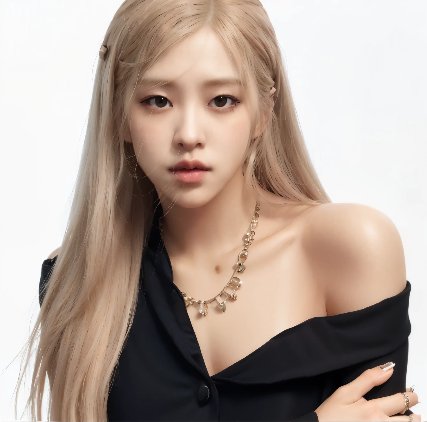 a close up of a woman with long blonde hair wearing a black dress, roseanne park of blackpink, portrait of jossi of blackpink, jossi of blackpink, jisoo of blackpink, jisoo from blackpink, portrait jisoo blackpink, lalisa manoban of blackpink, lalisa manobal, blackpink, jia, portrait of female korean idol, portrait of kpop idol