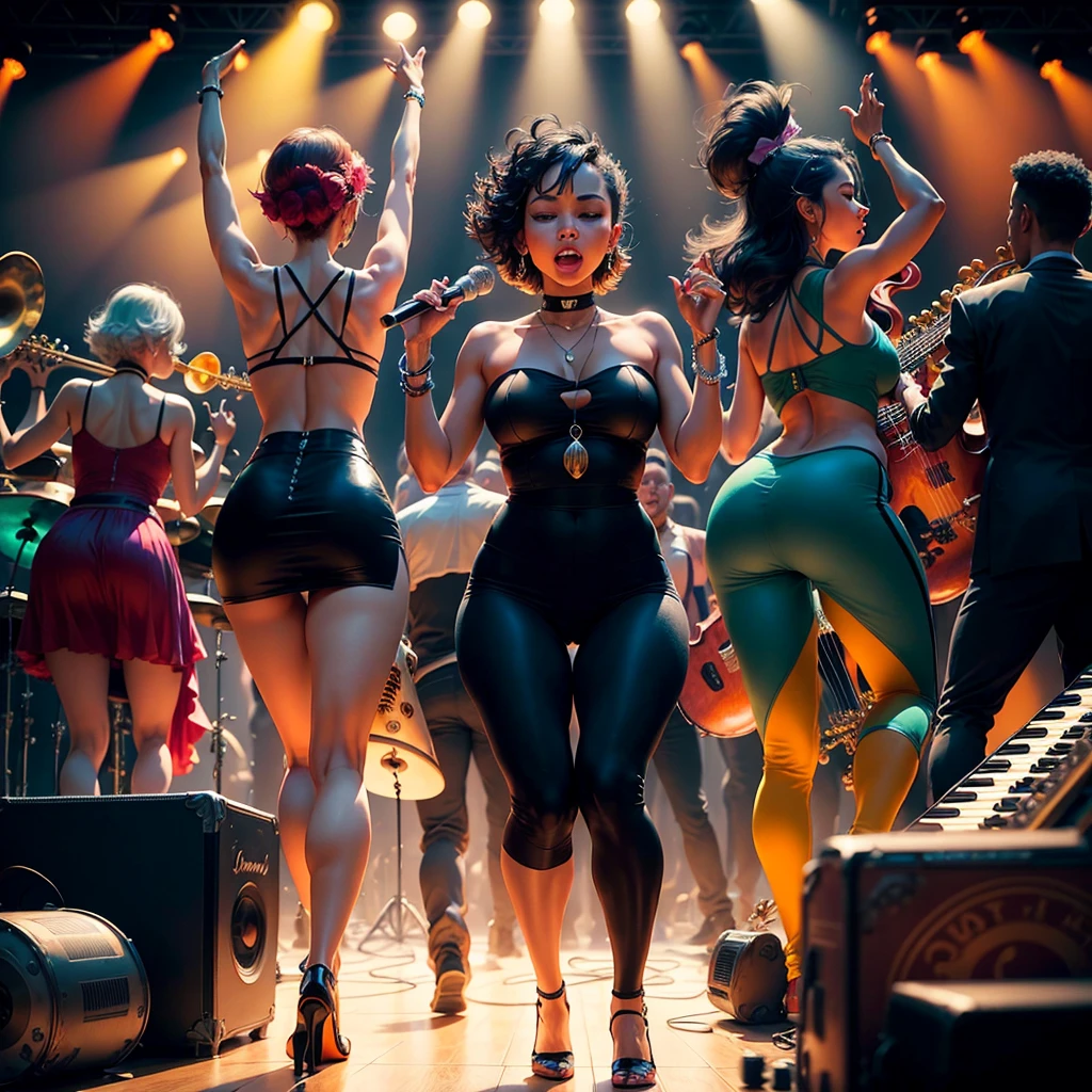Develop an image that captures the energy and essence of the Jazz Festival. Use vibrant elements of color and dynamic shapes to depict musicians playing classic jazz instruments, como saxofones, trompetes e contrabaixos, in a lively nighttime setting. Integrate iconic jazz elements, como notas musicais, improvised rhythms and silhouettes of dancers involved in the music. Convey the exciting and sophisticated atmosphere of jazz through the fusion of colors, movements and expressions of musicians and audience, highlighting the passion and freedom inherent in jazz music. em um estilo realistico hiper realistico