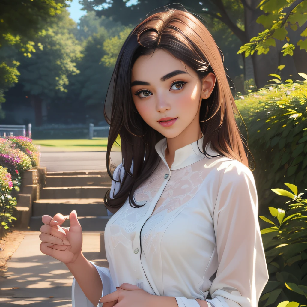 (Extremely detailed 8k wallpaper:2), (photo:2), (26 years old soigne Beautiful girl:2), (gives a lecture to friends:2), detailed (Face and eyes), (hyper realistic:1), (highly detailed:1), (epic realistic:1), rim light, (maximum details:1), cozy, (fullbody:1.3), (looking at viewer:2), (Woman's Attractive Qualities:2), (Attractive Woman:2), (Attractive:2), Smile, Intelligence, Empathy, Gracefulness, Sense of Style, Fitness, Grooming, Optimism, (Sensitivity:2), Sincerity, Romantic Gestures, Playfulness, Fashion Sense, (Sensuality:2), Charm, Modesty, Thoughtfulness, (Femininity:1), Flirtatiousness, Warmth, (Physical attractiveness:2), A beautiful smile, A love of life, strength and power, vulnerability, curiosity, wonder, love, (nature background:2), kawaii, waifu, Beautiful breasts, (attractive body:2), (Beautiful body:2), Beautiful pose, attractive pose, (Beautiful legs:1.0), (Beautiful clothes:1), (classic clothes:2), (elegant clothes:2), (European clothes:2), detailed clothes, (skirt:1), (blouse:1), (provocative pose)