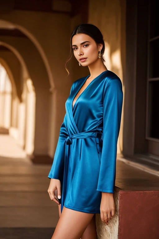 Arafed Mujer con un vestido azul posando para una foto, vestido ajustado, vestido ajustado, Vestido bodycon, Usar ropa simple y ajustada, pose casual, blue robe, teal tunic, camiseta azul ajustada, Foto oficial del producto, capa apretada y arrugada, Anna Nikolanova aka Newmilky, Anastasia Ovchinnikova, Foto altamente realista, Irina Nordsol Kuzmina