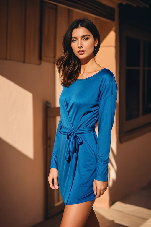 Arafed Mujer con un vestido azul posando para una foto, vestido ajustado, vestido ajustado, Vestido bodycon, Usar ropa simple y ajustada, pose casual, blue robe, teal tunic, camiseta azul ajustada, Foto oficial del producto, capa apretada y arrugada, Anna Nikolanova aka Newmilky, Anastasia Ovchinnikova, Foto altamente realista, Irina Nordsol Kuzmina