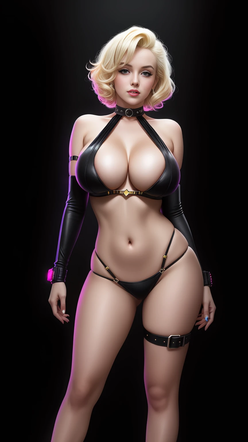 there is Marilyn Monroe standing, blonde hair, 3 d neon art of a womans body, neon-noir background, cyberpunk femme fatale, seductive cyberpunk dark fantasy, cyberpunk strip clubs, cyberpunk 20 y. o model girl, oppai cyberpunk, banner, high definition cgsociety, cgsociety masterpiece, trending on cgstation, kda, random hair, looking at camera, gigantic breasts, cleavage, (high detailed skin:1.2), 8k uhd, dslr, super lighting, high quality, film grain, high res, highly detailed, hyper realistic, beautiful face, beautiful body, beautiful eyes nose lips, alluring expression, very bold, upper boobs visible, full body photo, standing legs apart, pale translucent glowing skin, most beautiful face, cute, (well defined pubic hair:1.2)), (dark plain black background:1.4))
