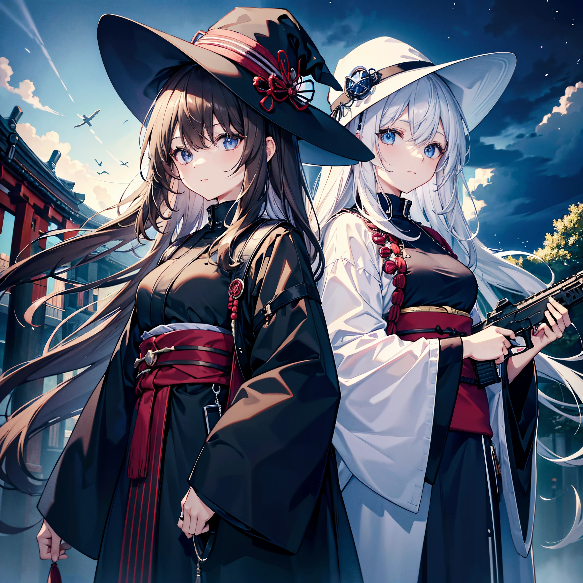 Tokyo at midnight、Two adult women holding assault rifles、One has white hair and wears a large black witch hat with sapphire accessories.、The other has dark brown hair and wears a large black witch hat with garnet accessories.、blue eyes、black coat with open front、White solid color T-shirt、Two-dimensional illustration、Japan Anime、drawn by Japanese ilastrator、high-level image quality、4K picture quality、High Quality、hight resolution、5 million pixels、high détails、beatiful backgrounds、western clothes