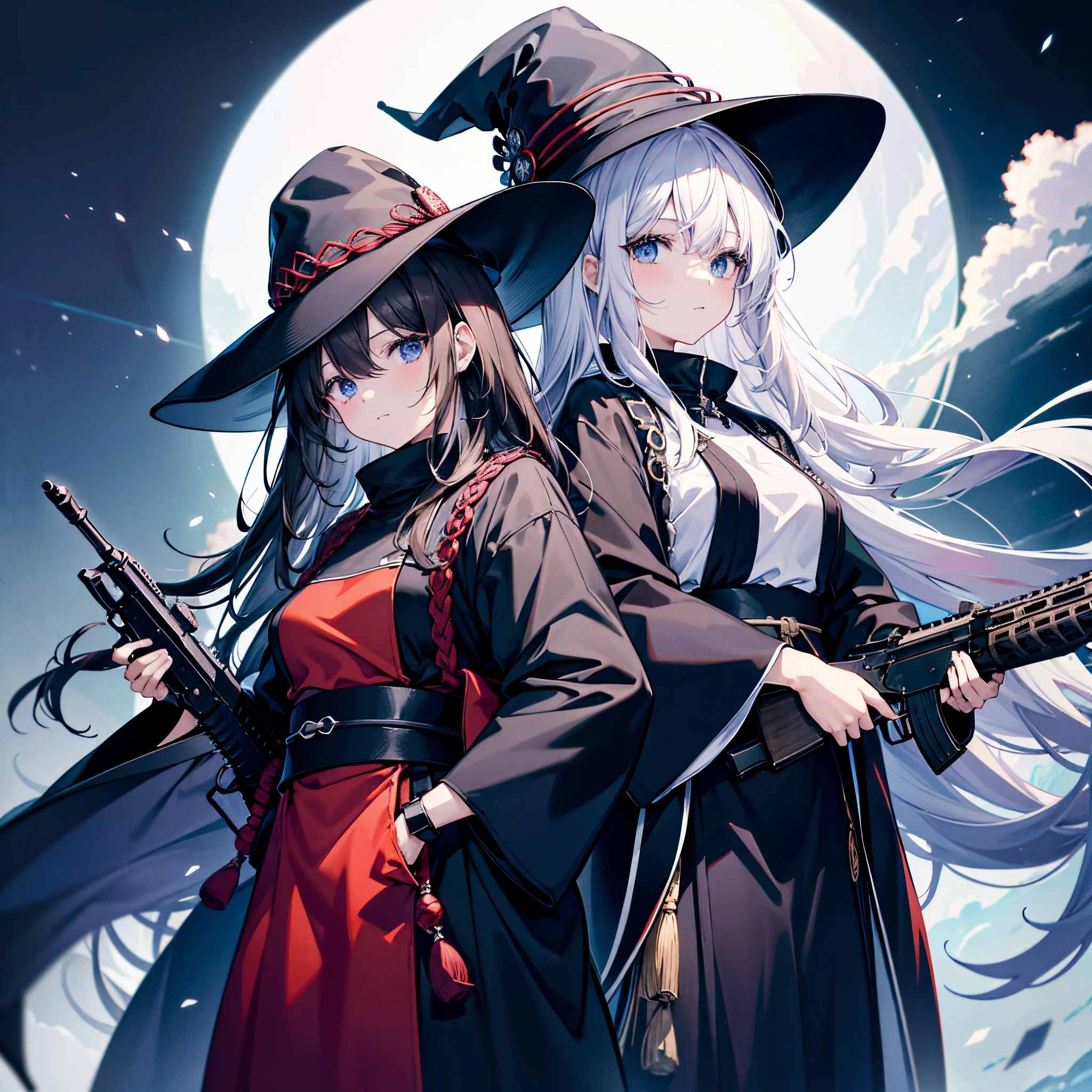 Tokyo at midnight、Two adult women holding assault rifles、One has white hair and wears a large black witch hat with sapphire accessories.、The other has dark brown hair and wears a large black witch hat with garnet accessories.、blue eyes、black coat with open front、White solid color T-shirt、Two-dimensional illustration、Japan Anime、drawn by Japanese ilastrator、high-level image quality、4K picture quality、High Quality、hight resolution、5 million pixels、high détails、beatiful backgrounds、western clothes