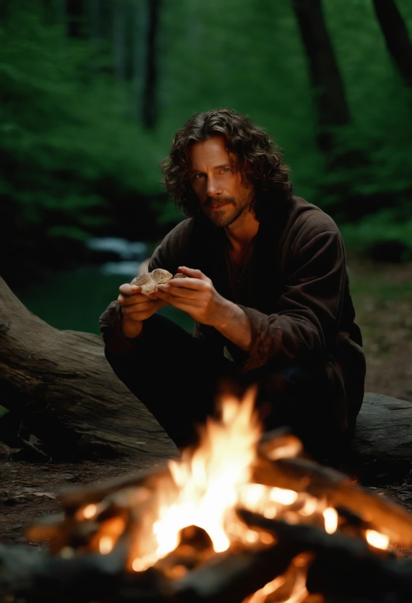 A photo of Sirius sitting by a campfire in the middle of the wilderness, surrounded by friends and toasting marshmallows.,Harry Potter and the Prisoner of Azkaban,Sirius is tall with shaggy curly brown hair, with brown eyes and a goatee. Famously portrayed by Gary Oldman, male