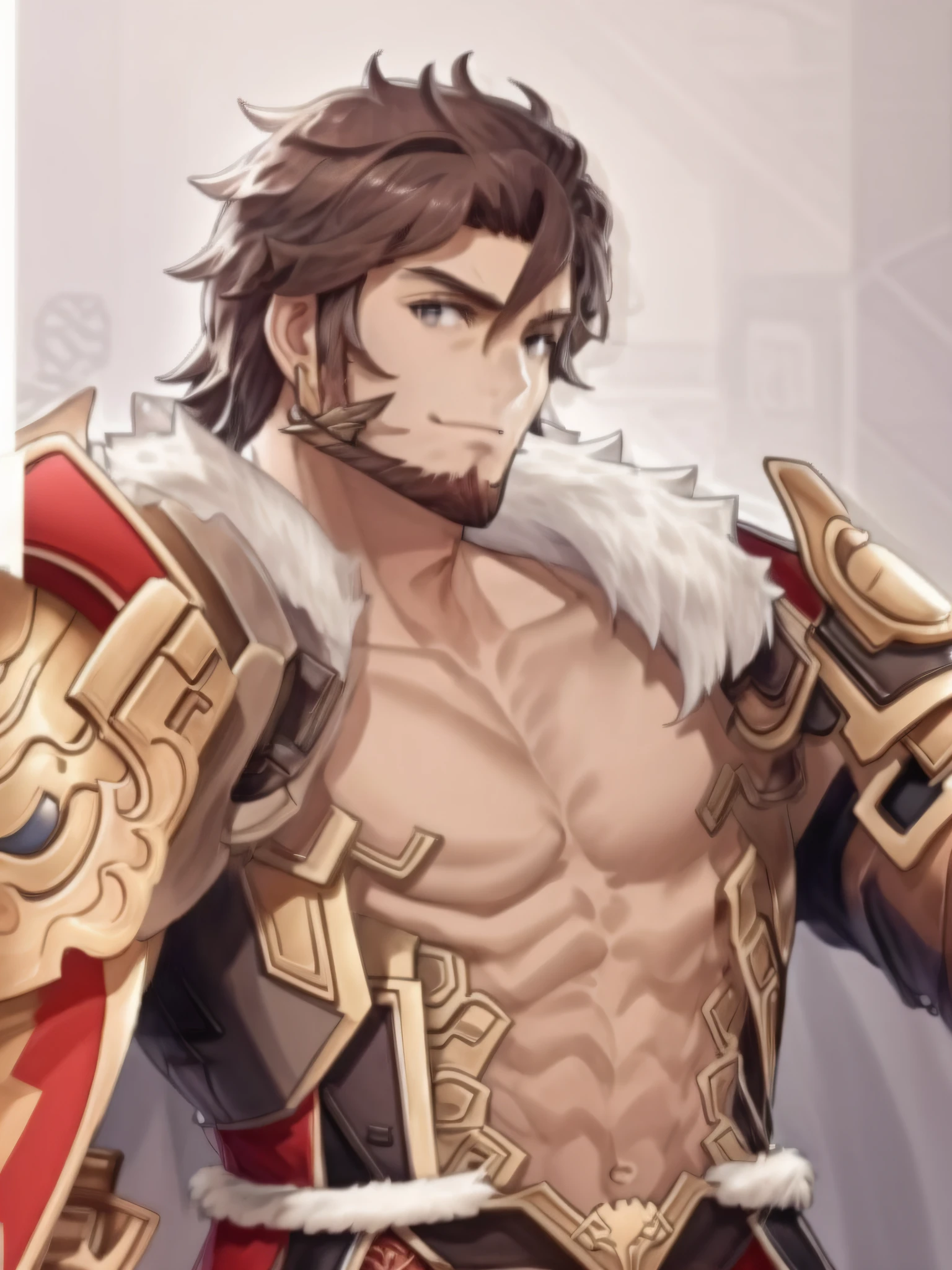 male people,armour,delicated face,Brown hair,Muscle tissue,(chest muscle:1.3),Mature male