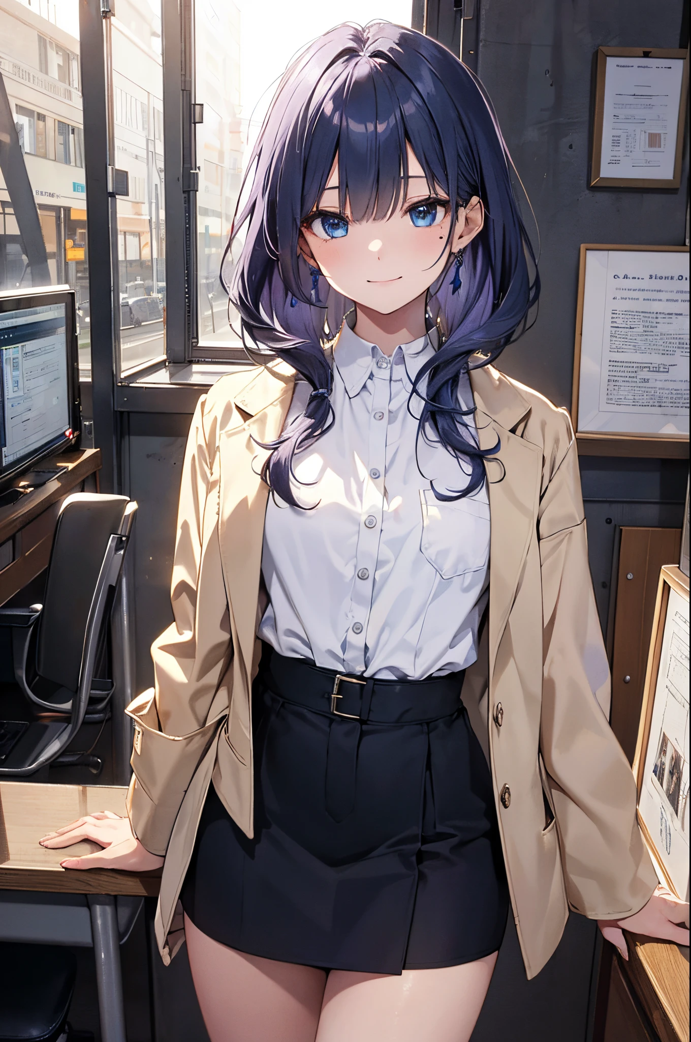 (Girl with a nasty appearance:1.3)、(Daytime:1.5)、(and chest:1.4)、Raw photography, top-quality, hight resolution, (masterpiece), (Photorealsitic:1.4), (Mole under the eyes),Anime Cosplay, foco nítido, nffsw, 8K分辨率, intricate detailes, depth of fields, the Extremely Detailed CG Unity 8K Wallpapers, front lit, femele,25-years old、 Happy face,Smiling、Bangs covering one eye、(tying hair:1.5)、(Medium Showtrain Bo Hair)、(Large jacket)、blue eyess,(ty:1.5)、(At work:1.3)、(Full body depiction)、Calling:1.2)、shining world、Wall clock、s Office、personal computers、a desk