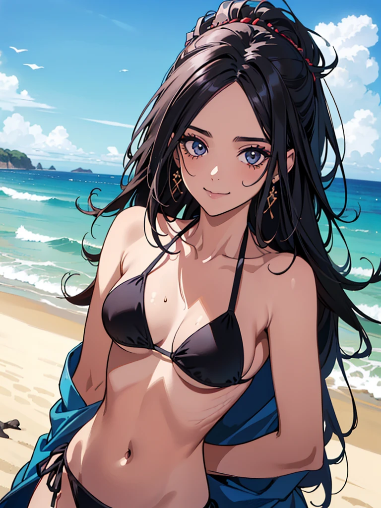 (((uma ))), olhos azuis escuros, cabelos longos, A beautiful girl is on the beach, (((sentado na areia))), 25 anos, master part, alto contraste, (((black bikini))), seios grandes, (alta qualidade :1.5), cabelos pretos, (((Sorriso com a boca fechada)), corar, Corpo alto, mulher madura, ao ar livre, face madura, ((high resolution)), ((Praia, praia vazia)), ((vista retrato)), ((mulher sexy, sedutor)), (((quadris largos)))