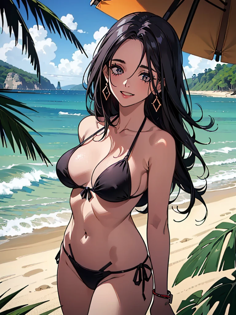 (((uma ))), olhos azuis escuros, cabelos longos, A beautiful girl is on the beach, (((sentado na areia))), 25 anos, ter part, alto contraste, (((black bikini))), seios gra (alta qualidade :1.5), cabelos pretos, (((Sorriso com a boca fechada)), corar, Corpo alto, mulher madura, ao ar livre, face madura, ((high resolution)), ((Praia, praia vazia)), ((vista retrato)), ((mulher sexy, sedutor)(((quadris largos)))