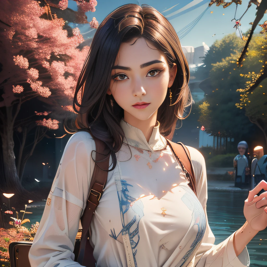 (Extremely detailed 8k wallpaper:2), (photo:2), (26 years old soigne Beautiful girl:2), (gives a lecture to friends:2), detailed (Face and eyes), (hyper realistic:1), (highly detailed:1), (epic realistic:1), rim light, (maximum details:1), cozy, (fullbody:1.3), (looking at viewer:2), (Woman's Attractive Qualities:2), (Attractive Woman:2), (Attractive:2), Smile, Intelligence, Empathy, Gracefulness, Sense of Style, Fitness, Grooming, Optimism, (Sensitivity:2), Sincerity, Romantic Gestures, Playfulness, Fashion Sense, (Sensuality:2), Charm, Modesty, Thoughtfulness, (Femininity:1), Flirtatiousness, Warmth, (Physical attractiveness:2), A beautiful smile, A love of life, strength and power, vulnerability, curiosity, wonder, love, (nature background:2), kawaii, waifu, Beautiful breasts, (attractive body:2), (Beautiful body:2), Beautiful pose, attractive pose, (Beautiful legs:1.0), (Beautiful clothes:1), (classic clothes:2), (elegant clothes:2), (European clothes:2), detailed clothes, (skirt:1), (blouse:1), (provocative pose)