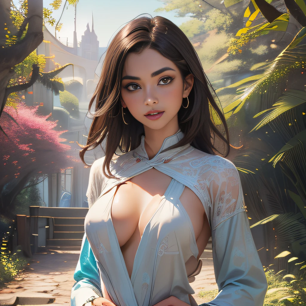 (Extremely detailed 8k wallpaper:2), (photo:2), (26 years old soigne Beautiful girl:2), (gives a lecture to friends:2), detailed (Face and eyes), (hyper realistic:1), (highly detailed:1), (epic realistic:1), rim light, (maximum details:1), cozy, (fullbody:1.3), (looking at viewer:2), (Woman's Attractive Qualities:2), (Attractive Woman:2), (Attractive:2), Smile, Intelligence, Empathy, Gracefulness, Sense of Style, Fitness, Grooming, Optimism, (Sensitivity:2), Sincerity, Romantic Gestures, Playfulness, Fashion Sense, (Sensuality:2), Charm, Modesty, Thoughtfulness, (Femininity:1), Flirtatiousness, Warmth, (Physical attractiveness:2), A beautiful smile, A love of life, strength and power, vulnerability, curiosity, wonder, love, (nature background:2), kawaii, waifu, Beautiful breasts, (attractive body:2), (Beautiful body:2), Beautiful pose, attractive pose, (Beautiful legs:1.0), (Beautiful clothes:1), (classic clothes:2), (elegant clothes:2), (European clothes:2), detailed clothes, (skirt:1), (blouse:1), (provocative pose)