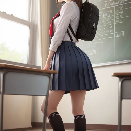 1 girl,beautiful and fine eyes,cute,professional lighting,highest quality, Beauty, (School uniforms:1.5), indoor, ponytail, (big breasts:1.3), well-groomed face, School, (Booty pose:1.3)