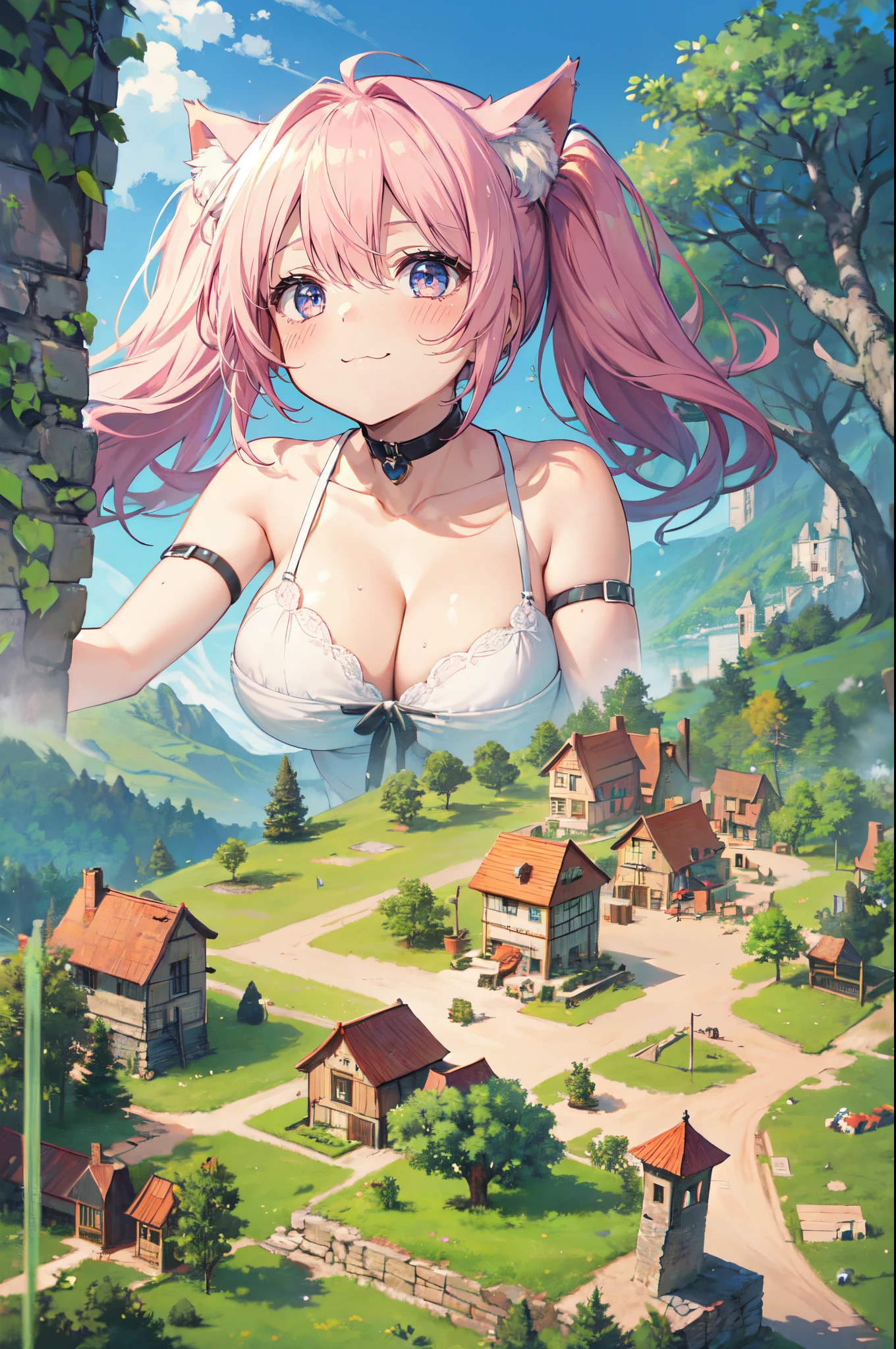 fantasy, forest from above, village, village from above, (2girls:1.4), (tall:1.2), (giantess:1.3), catgirl, :3, happy, smug, cleavage, bent over, huge breasts,
village from above, village, minigirl in a village, (rear end: 1.2), (minigirl:1.1), shiny skin
