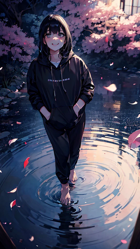 beautiful, masterpiece, best quality, extremely detailed face, perfect lighting, 1girl, hinata, hyuuga hinata, bangs, empty_eyes, black_hair, blunt_bangs, grey eyes, grey sleeves, headband_around_neck, highres, hime cut, hooded_cardigan, long sleeves, looking_at_viewer, petals, smile, solo, straight hair, upper body, hooded jacket, perfect body, 8k