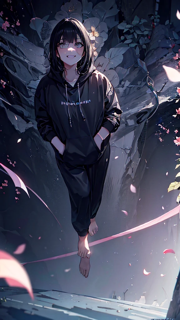 beautiful, masterpiece, best quality, extremely detailed face, perfect lighting, 1girl, hinata, hyuuga hinata, bangs, empty_eyes, black_hair, blunt_bangs, grey eyes, grey sleeves, headband_around_neck, highres, hime cut, hooded_cardigan, long sleeves, looking_at_viewer, petals, smile, solo, straight hair, upper body, hooded jacket, perfect body, 8k