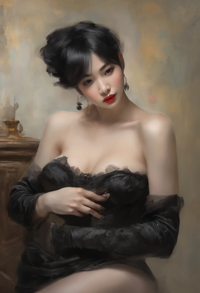 Oil painting of Sexy slim girl, big boobs, deep cleveage, sensual