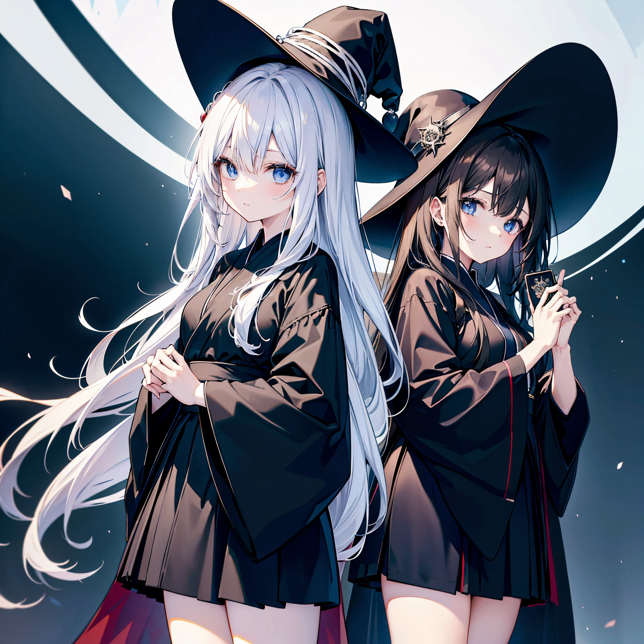 Tokyo at midnight、Two adult women holding M4A1s、One has white hair and wears a large black witch hat with sapphire accessories.、The other has dark brown hair and wears a large black witch hat with garnet accessories.、blue eyes、Black wizard's robe with open front、White solid color T-shirt、a black skirt、Two-dimensional illustration、Japan Anime、drawn by Japanese ilastrator、high-level image quality、4K picture quality、High Quality、hight resolution、5 million pixels、high détails、beatiful backgrounds
