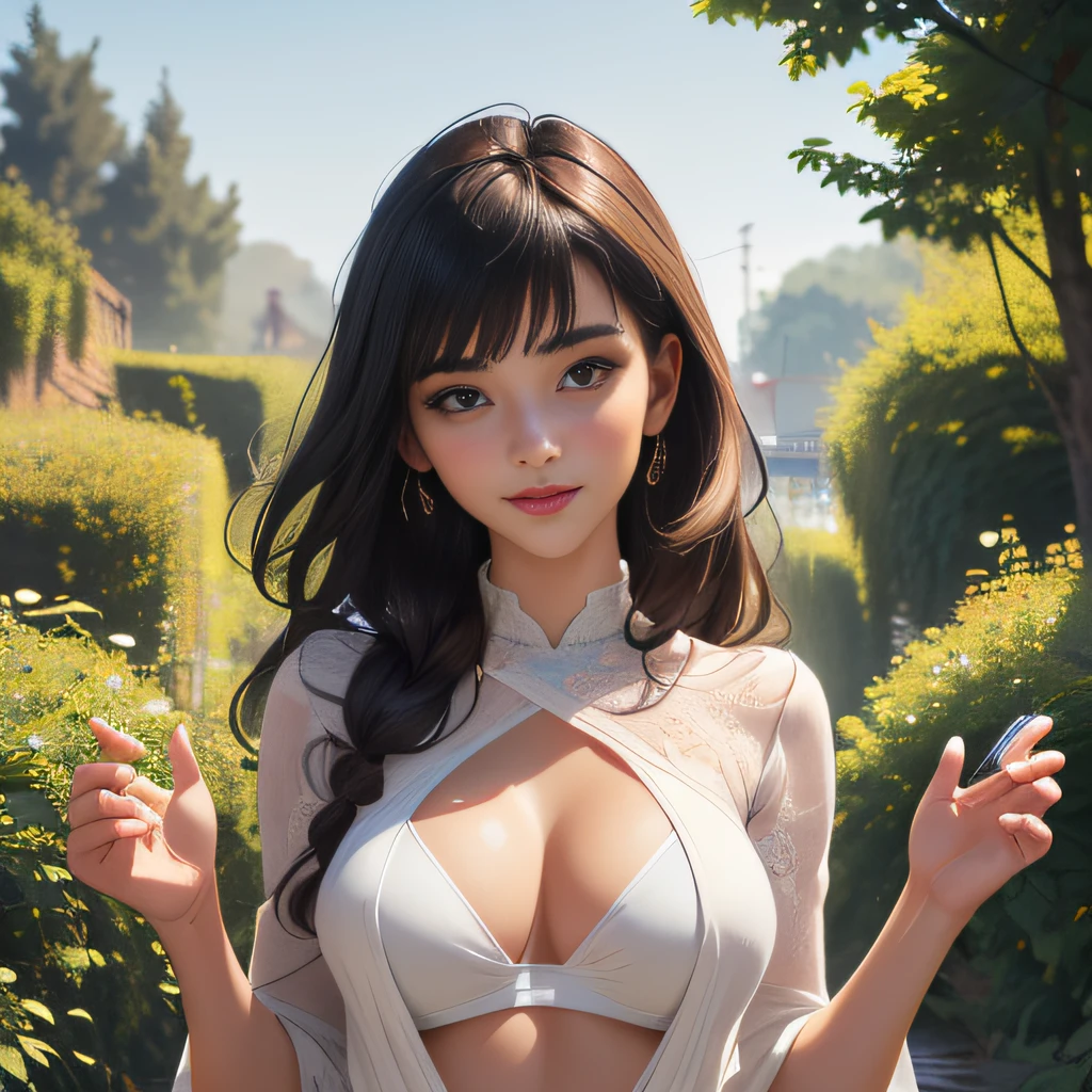 (Extremely detailed 8k wallpaper:2), (photo:2), (26 years old soigne Beautiful girl:2), (gives a lecture to friends:2), detailed (Face and eyes), (hyper realistic:1), (highly detailed:1), (epic realistic:1), rim light, (maximum details:1), cozy, (fullbody:1.3), (looking at viewer:2), (Woman's Attractive Qualities:2), (Attractive Woman:2), (Attractive:2), Smile, Intelligence, Empathy, Gracefulness, Sense of Style, Fitness, Grooming, Optimism, (Sensitivity:2), Sincerity, Romantic Gestures, Playfulness, Fashion Sense, (Sensuality:2), Charm, Modesty, Thoughtfulness, (Femininity:1), Flirtatiousness, Warmth, (Physical attractiveness:2), A beautiful smile, A love of life, strength and power, vulnerability, curiosity, wonder, love, (nature background:2), kawaii, waifu, Beautiful breasts, (attractive body:2), (Beautiful body:2), Beautiful pose, attractive pose, (Beautiful legs:1.0), (Beautiful clothes:1), (classic clothes:2), (elegant clothes:2), (European clothes:2), detailed clothes, (skirt:1), (blouse:1), (provocative pose)