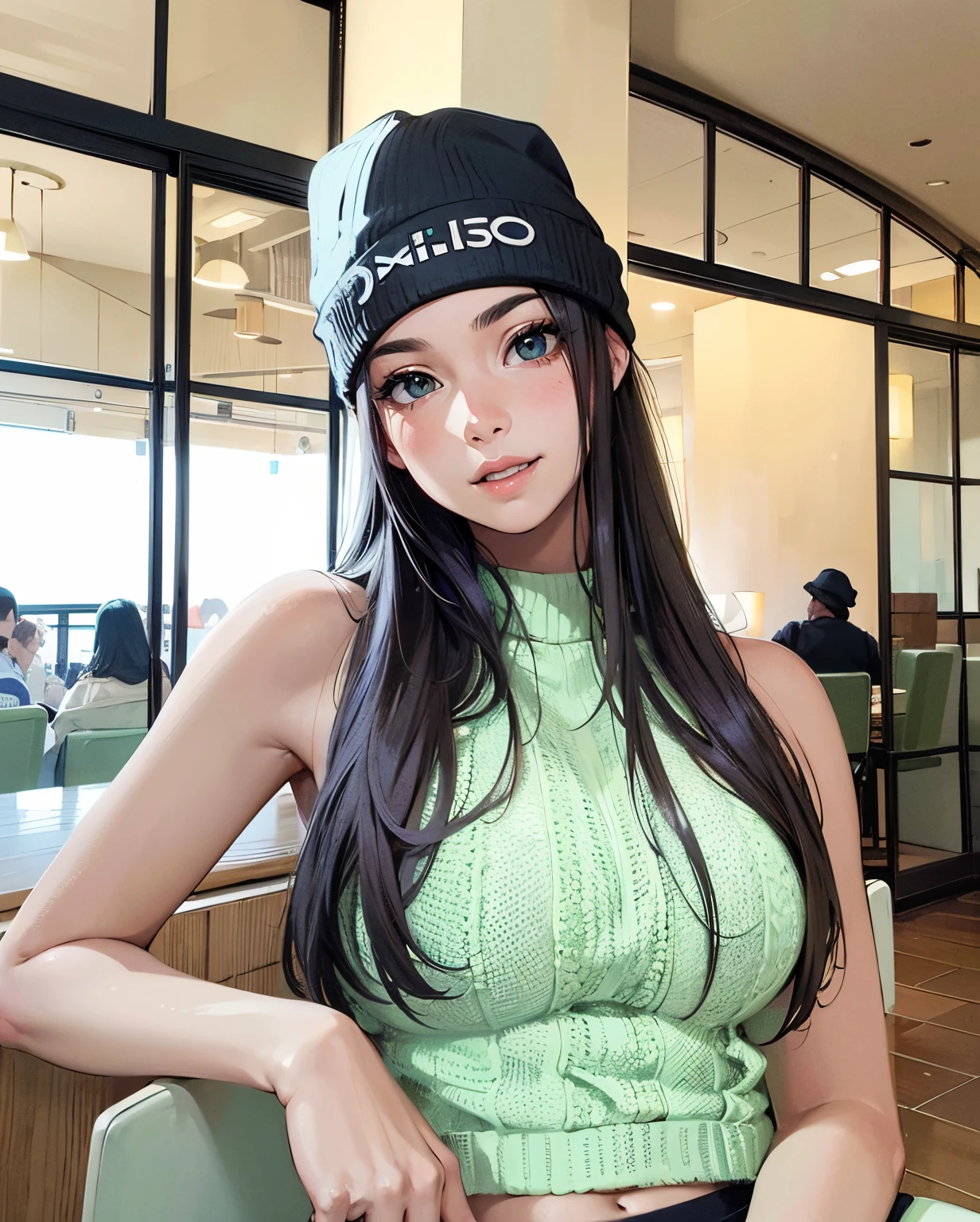 (Best quality,4K,8K,A high resolution,tmasterpiece:1.2),ultra - detailed,(actual,realistically,realistically:1.37),Ultra HD face, HighDynamicRange,hyper HD,Studio lighting,Ultra-fine painting,Focus sharp,physically-based renderingt,Extremely detailed description,professional,terror,japanese manga,sci-fy,photography,Concept artist,A woman wearing a light green off-the-shoulder sweater sits on a chair in a restaurant，He wears a black knitted hat on his head, Green black long straight hair, Colossal tits, Crazy breast swelling, Chest larger than shoulder blades, Fitness model, Ruddy cheeks, A smile