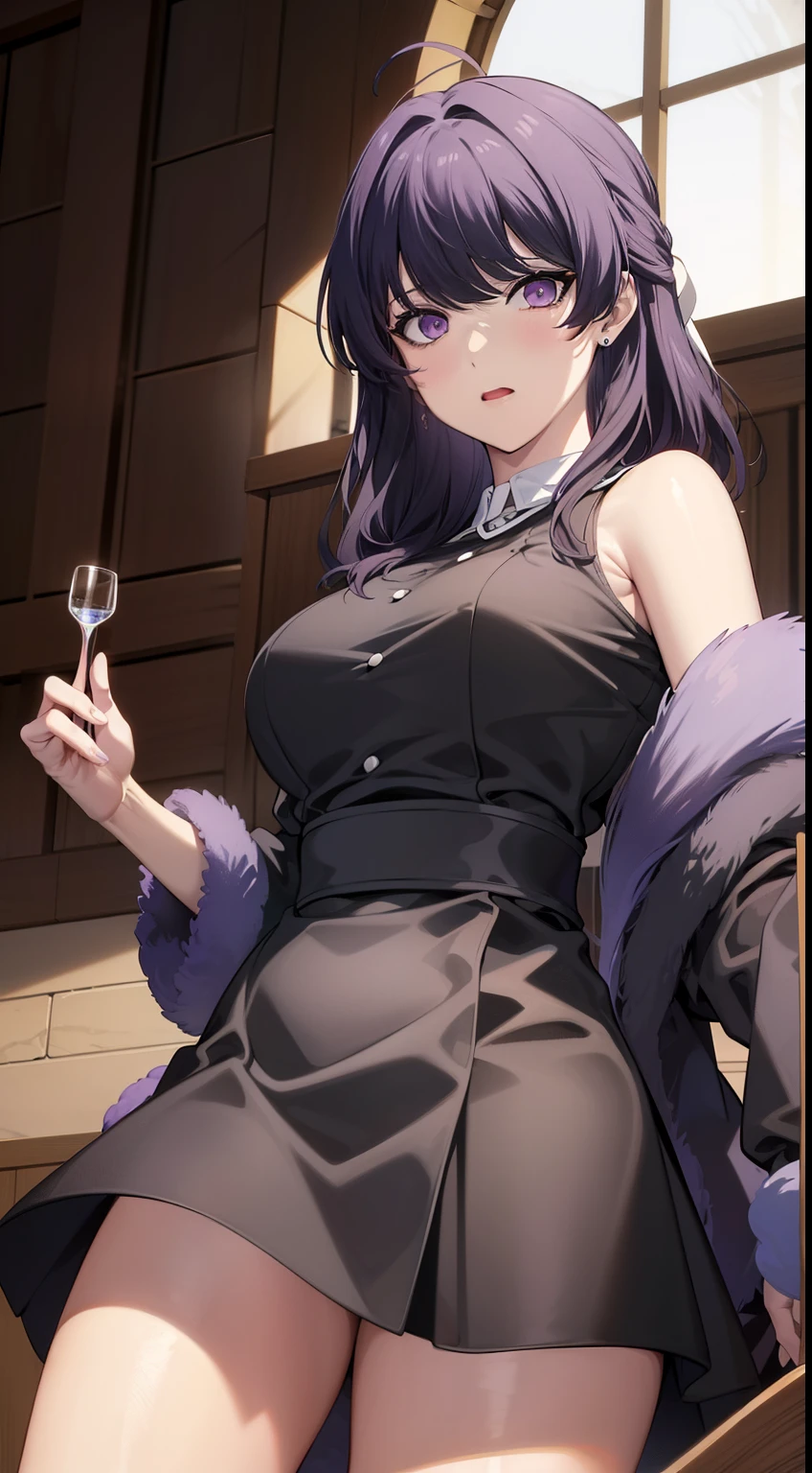 Quality, Obra maestra, Altamente detallado, 1girl,olis, cold personality,enojada,solamente, Cabello largo, vestido, purple eyes, purple hair, Anastasia_Zelenska, sonrojarse, NSFW, desnudo,trage elegante morado falda blanca Cara detallada, ojos detallados, cuerp completo,