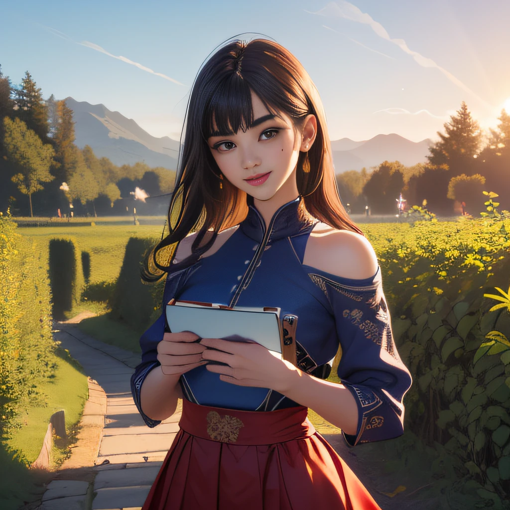 (Extremely detailed 8k wallpaper:2), (photo:2), (26 years old soigne Beautiful girl:2), (gives a lecture to friends:2), detailed (Face and eyes), (hyper realistic:1), (highly detailed:1), (epic realistic:1), rim light, (maximum details:1), cozy, (fullbody:1.3), (looking at viewer:2), (Woman's Attractive Qualities:2), (Attractive Woman:2), (Attractive:2), Smile, Intelligence, Empathy, Gracefulness, Sense of Style, Fitness, Grooming, Optimism, (Sensitivity:2), Sincerity, Romantic Gestures, Playfulness, Fashion Sense, (Sensuality:2), Charm, Modesty, Thoughtfulness, (Femininity:1), Flirtatiousness, Warmth, (Physical attractiveness:2), A beautiful smile, A love of life, strength and power, vulnerability, curiosity, wonder, love, (nature background:2), kawaii, waifu, Beautiful breasts, (attractive body:2), (Beautiful body:2), Beautiful pose, attractive pose, (Beautiful legs:1.0), (Beautiful clothes:1), (classic clothes:2), (elegant clothes:2), (European clothes:2), detailed clothes, (skirt:1), (blouse:1), (provocative pose)