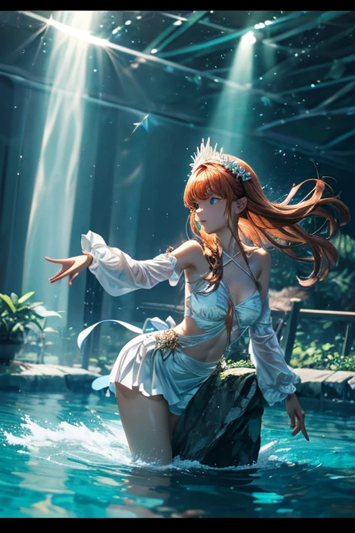 (obra-prima), alta qualidade, detalhes requintados, dynamic posture and angle, (1 sereia), olhos pretos, lindas escamas, cauda preta, floating in water, criando efeitos de luz e sombra de alta qualidade, fundo marinho azul profundo, coral, Shark , strong sense of atmosphere, rippling water, Rich vegetation, exalando uma atmosfera inebriante.