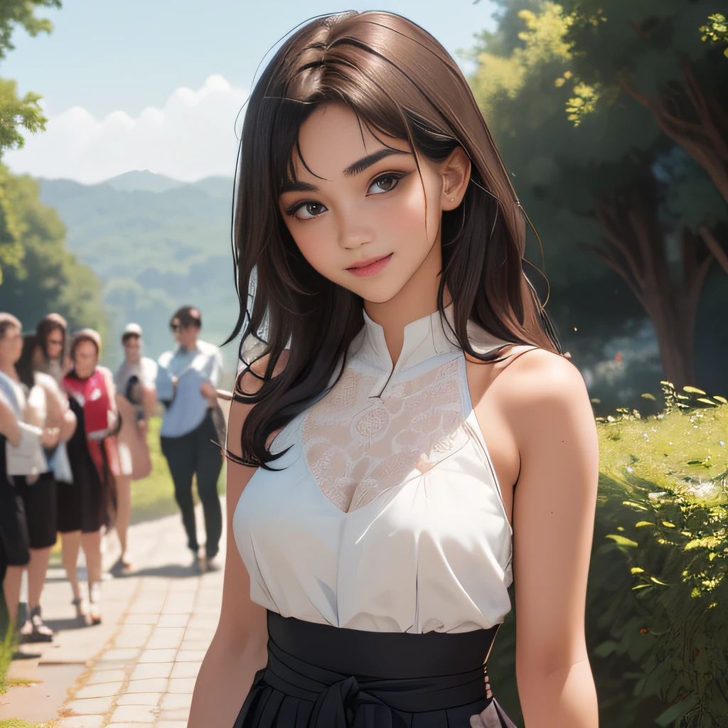 (Extremely detailed 8k wallpaper:2), (photo:2), (26 years old soigne Beautiful girl:2), (gives a lecture to friends:2), detailed (Face and eyes), (hyper realistic:1), (highly detailed:1), (epic realistic:1), rim light, (maximum details:1), cozy, (fullbody:1.3), (looking at viewer:2), (Woman's Attractive Qualities:2), (Attractive Woman:2), (Attractive:2), Smile, Intelligence, Empathy, Gracefulness, Sense of Style, Fitness, Grooming, Optimism, (Sensitivity:2), Sincerity, Romantic Gestures, Playfulness, Fashion Sense, (Sensuality:2), Charm, Modesty, Thoughtfulness, (Femininity:1), Flirtatiousness, Warmth, (Physical attractiveness:2), A beautiful smile, A love of life, strength and power, vulnerability, curiosity, wonder, love, (nature background:2), kawaii, waifu, Beautiful breasts, (attractive body:2), (Beautiful body:2), Beautiful pose, attractive pose, (Beautiful legs:1.0), (Beautiful clothes:1), (classic clothes:2), (elegant clothes:2), (European clothes:2), detailed clothes, (skirt:1), (blouse:1), (provocative pose)