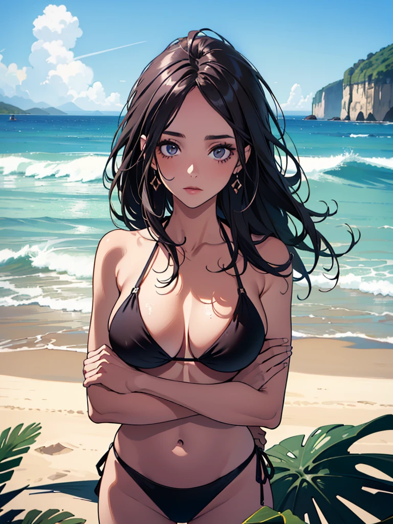 (((uma menina))), olhos azuis escuros, cabelos longos, A beautiful girl is on the beach, 25 anos, master part, extremely high quality, alto contraste, (((black bikini))), seios grandes, (alta qualidade :1.5), cabelos pretos, (((Feliz)), corar, Corpo alto, vulnerable, face madura, ao ar livre, face madura, ((high resolution)), ((Praia, praia vazia)), ((vista retrato)), ((mulher sexy, sedutor)), ((arms crossed))