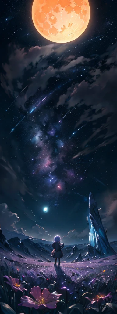 Expansive landscape photograph, (view from below with a view of the sky and wilderness below), little girl standing in a flower field looking up, (full moon: 1.2), (shooting star: 0.9), (nebula: 1.3), distant mountain, tree break production art, (warm light source: 1.2), (firefly: 1.2), lamp, purple and orange, intricate detail, volume lighting, realism break (masterpiece: 1.2) (Best Quality), 4K, Ultra-Detailed, (Dynamic Configuration: 1.4), Highly Detailed and Colorful Details, (Iridescent Colors: 1.2), (Glowing Lighting, Atmospheric Lighting), Dreamy, Magical, (Solo: 1.2)