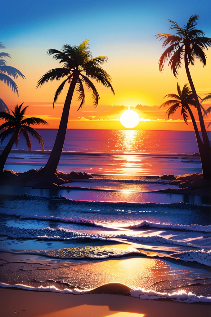 sunset, golden hour, vibrant colors, sparkling ocean, waves crashing, gentle breeze, palm trees, sandy beach, relaxed atmosphere, tranquil, reflection on the water, silhouettes, seagulls flying, peaceful, serene, romantic, paradise-like.