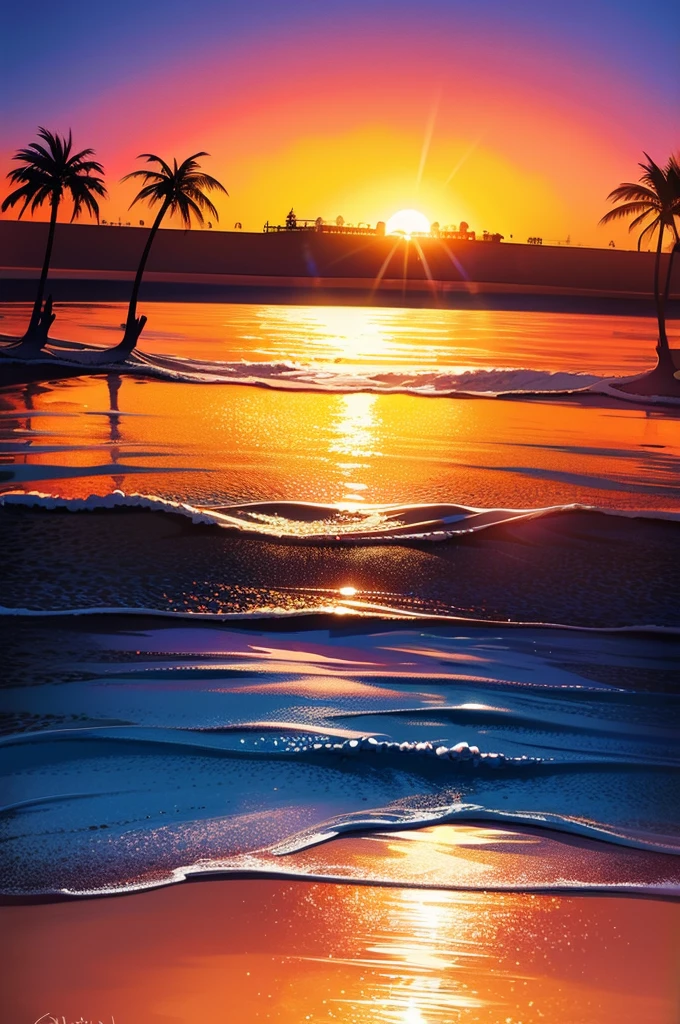 sunset, golden hour, vibrant colors, sparkling ocean, waves crashing, gentle breeze, palm trees, sandy beach, relaxed atmosphere, tranquil, reflection on the water, silhouettes, seagulls flying, peaceful, serene, romantic, paradise-like.