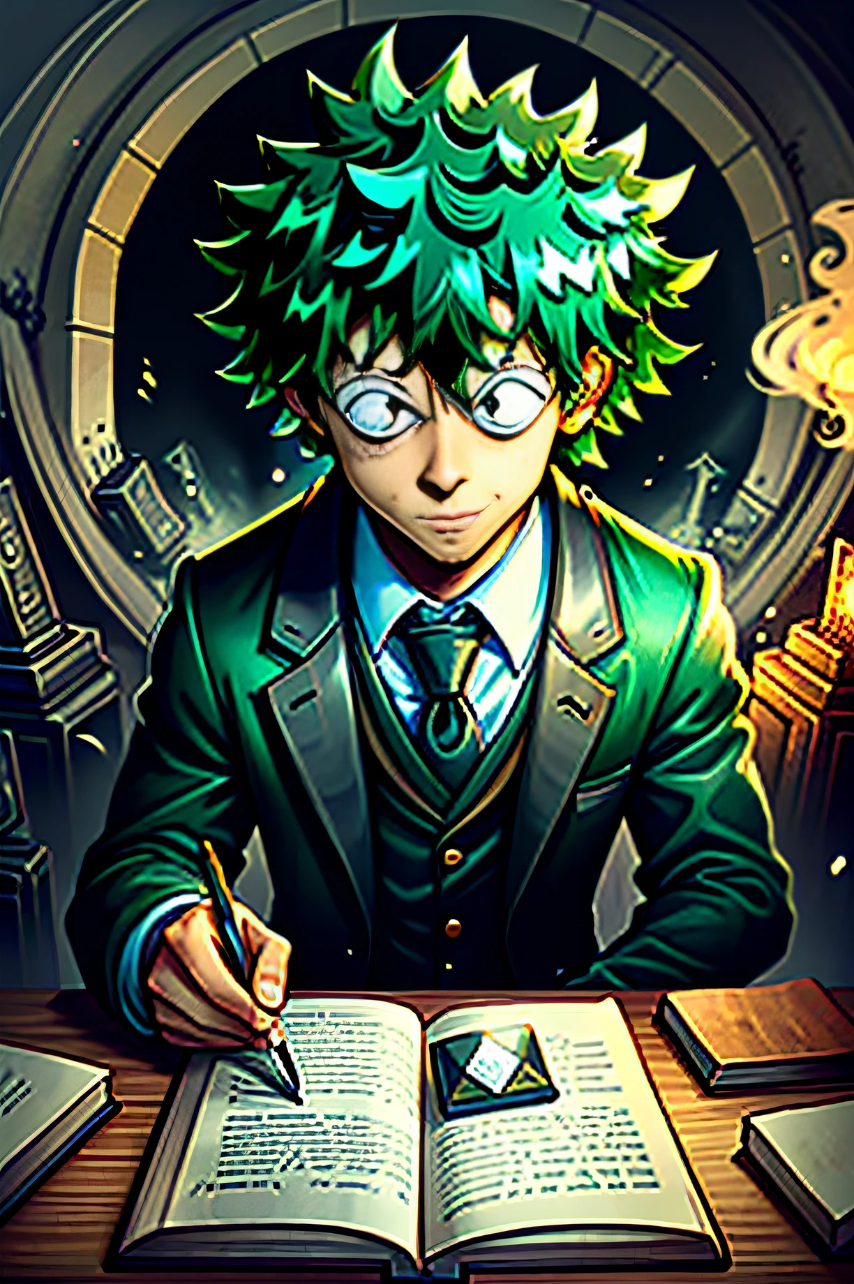 "(((Izuku Midoriya:1.2) e (Morte:1.1))) + ((plague doctor clothes) e (vestes pretas)) + ((foice)) + ((graveyard)) + ((luar carmesim))"a letra "A" intertwined with the letter "B",The typography used in the logo and general visual identity of the channel is a classic and elegant font.. The font is used in varying sizes to create an effect of depth and movement,* **Atraentes:** Utilize cores, shapes and textures that are visually appealing and attract the attention of the target audience.* **Relevantes:** Utilize elementos que sejam representativos da natureza do canal, like the apocryphal books or the Bible.* **Atemporais:** Use elements that are timeless and do not become dated over time,The typography used in the logo and general visual identity of the channel is a classic and elegant font.. The font is used in varying sizes to create an effect of depth and movement,The images used in the channel's visual identity are images from books, manuscripts and other objects related to the apocryphal books. Images are used to create a sense of mystery and curiosity in books.