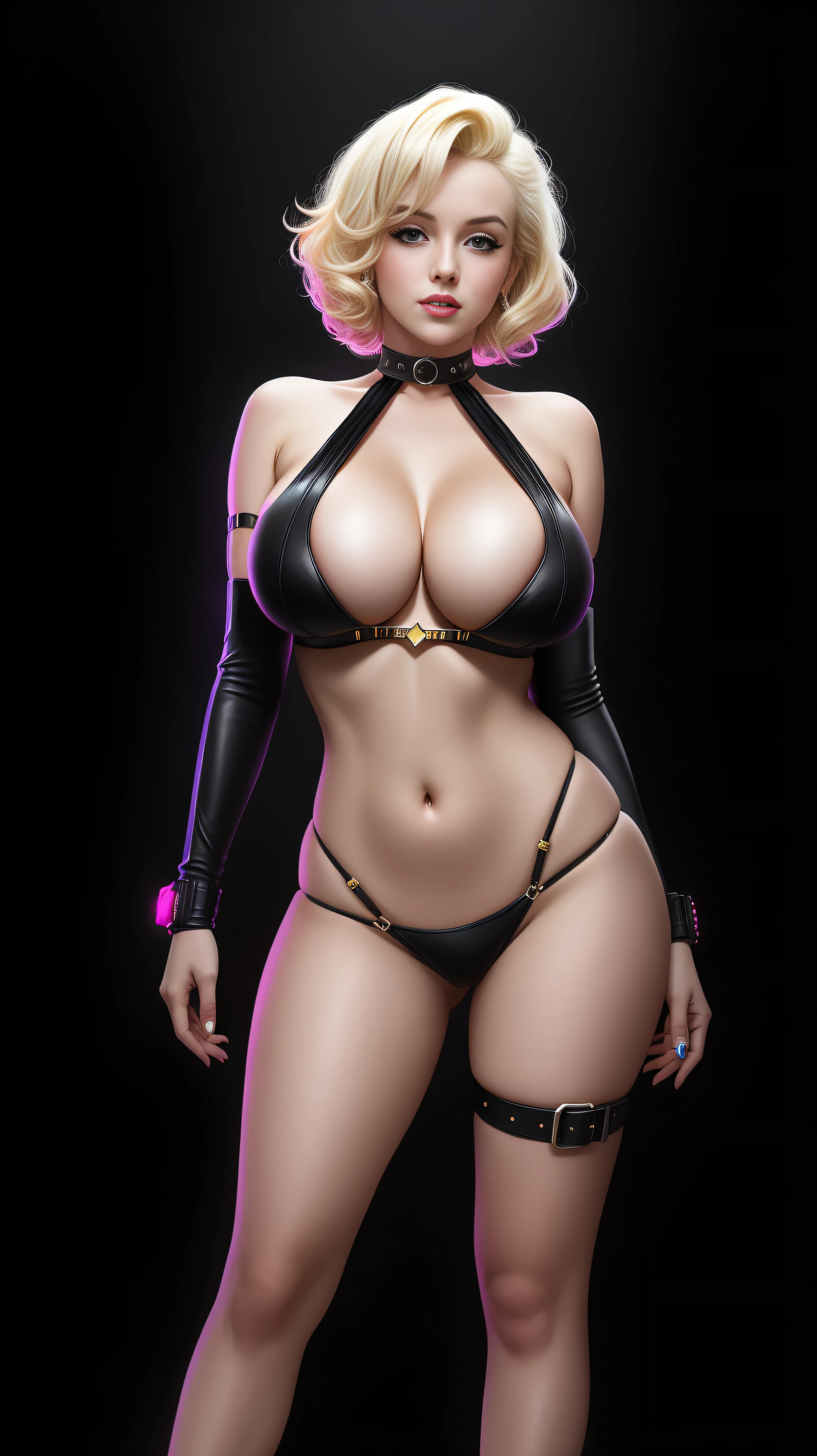 there is Marilyn Monroe standing, blonde hair, 3 d neon art of a womans body, neon-noir background, cyberpunk femme fatale, seductive cyberpunk dark fantasy, cyberpunk strip clubs, cyberpunk 20 y. o model girl, oppai cyberpunk, banner, high definition cgsociety, cgsociety masterpiece, trending on cgstation, kda, random hair, looking at camera, gigantic breasts, cleavage, (high detailed skin:1.2), 8k uhd, dslr, super lighting, high quality, film grain, high res, highly detailed, hyper realistic, beautiful face, beautiful body, beautiful eyes nose lips, alluring expression, very bold, upper boobs visible, full body photo, standing legs apart, pale translucent glowing skin, most beautiful face, cute, (well defined pubic hair:1.2)), (dark plain black background:1.4))