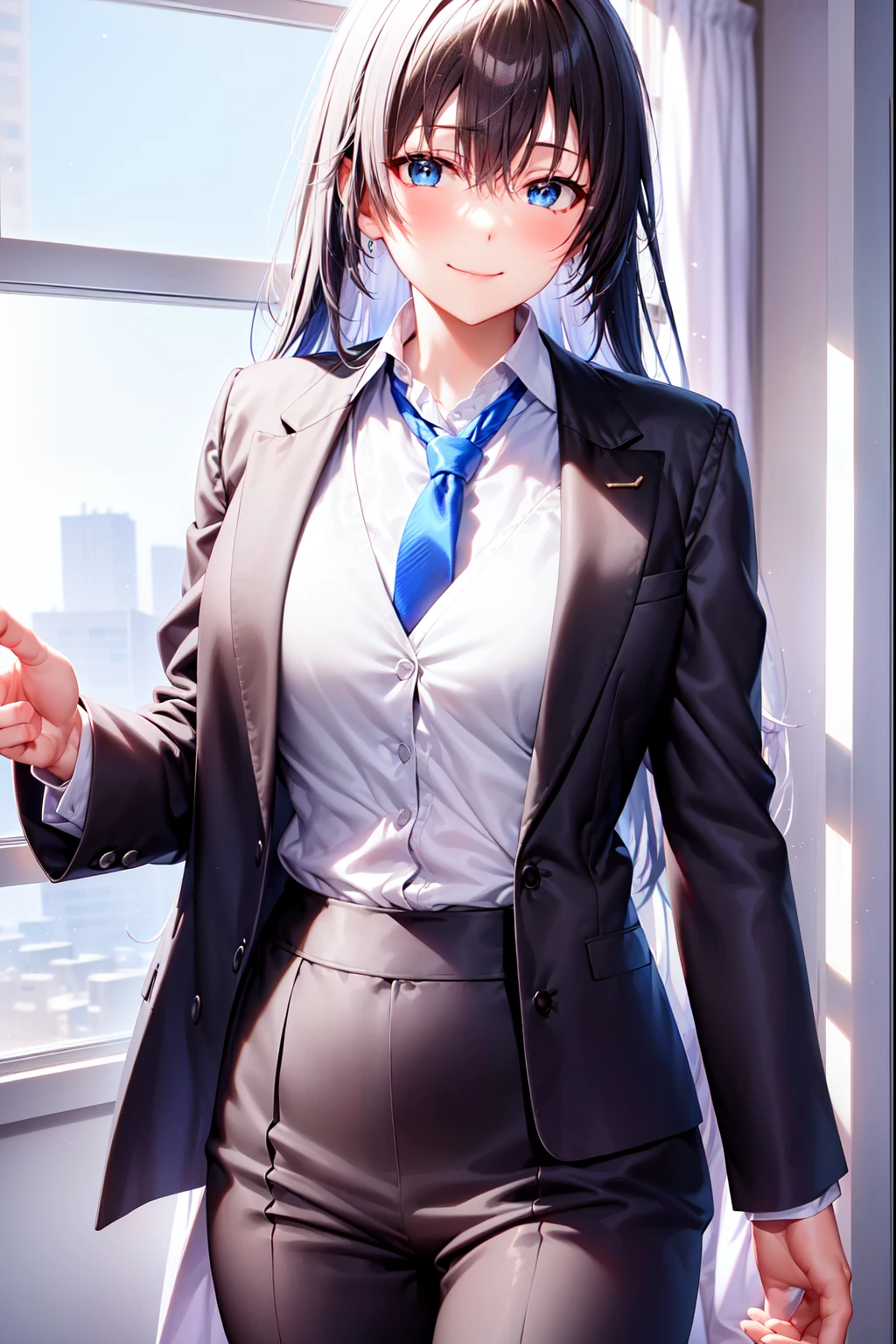 Yukinoshita Yukino wears a tuxedo coat, 1girl, Snafu anime, Female Butler, Elegant blue evening tie, collared shirt, bloomers, Black tail coat, Detailed background of the room, eyes blue, closed mouth, Smileing, A very sexy girl in a suit and tie is standing by the window, 1girl, 独奏, necktie, Black hair, eyes blue, long  hair, smile, jacket, looking at the scenes, shirt, bloomers, blue necktie, collared shirt, white pants, white shirt, indoors, explosions, long-sleeved, closed mouth, window, black jacket, blush, cowboy shot, ceremonial, Yukinoshita Yukino suit, A woman in a black suit and blue tie is standing next to the windowsill, 1girl, 独奏, necktie, eyes blue, jacket