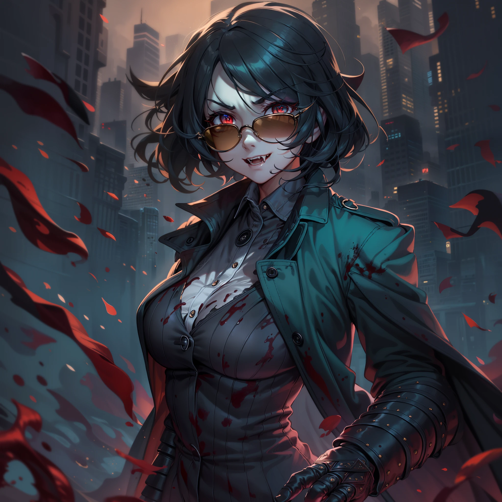 (High resolution, best quality, masterpiece) detail, intricate detail, 1female, ((solo _focused)), single, one woman, physically fit, curvy, pale skin, vampire, fierce expression, dark eyes, (detailed eyes), red_rimmed eyes, sharpened fangs, black hair, short hair, full body, human hands, ((detailed hands)), ((pointed fingers)), medium breast, beautiful, cute, dark aura surrounding her, (topwear:(((shirt:black, trench_coat:black)), handwear:((gauntlets), bottomwear:(pants:blue))))), blood dripping, glasses on the top of her head, dark tinted glasses, grinning, cocky expression, menacing, blood spatter