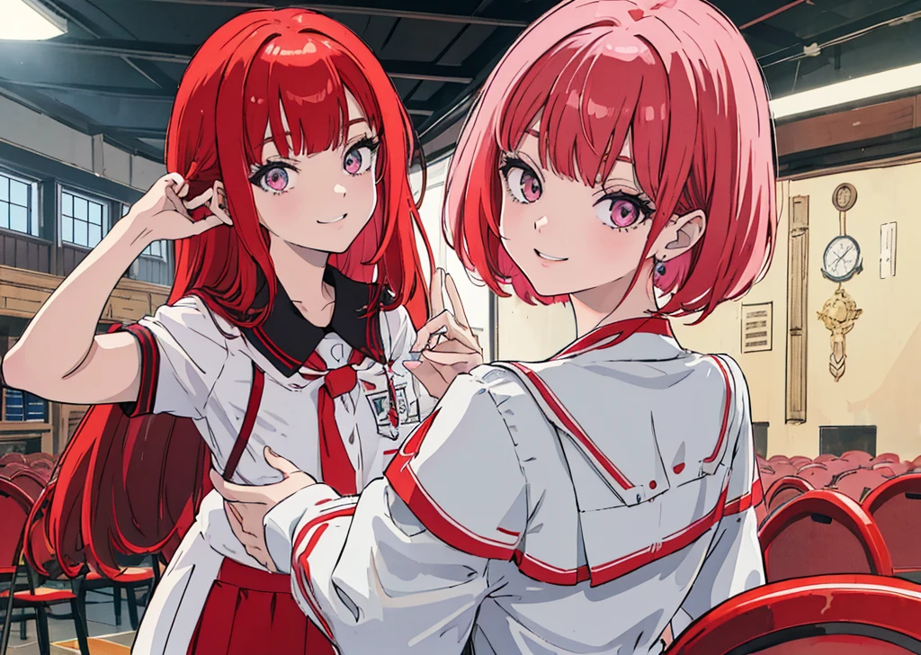 (master part, best quality), 1girl, cara bonita, red hair, pastel eyes, franja contundente, Uniforme Escolar, Gargantilha, sorridente, fechar para cima, em sala de aula, fofo