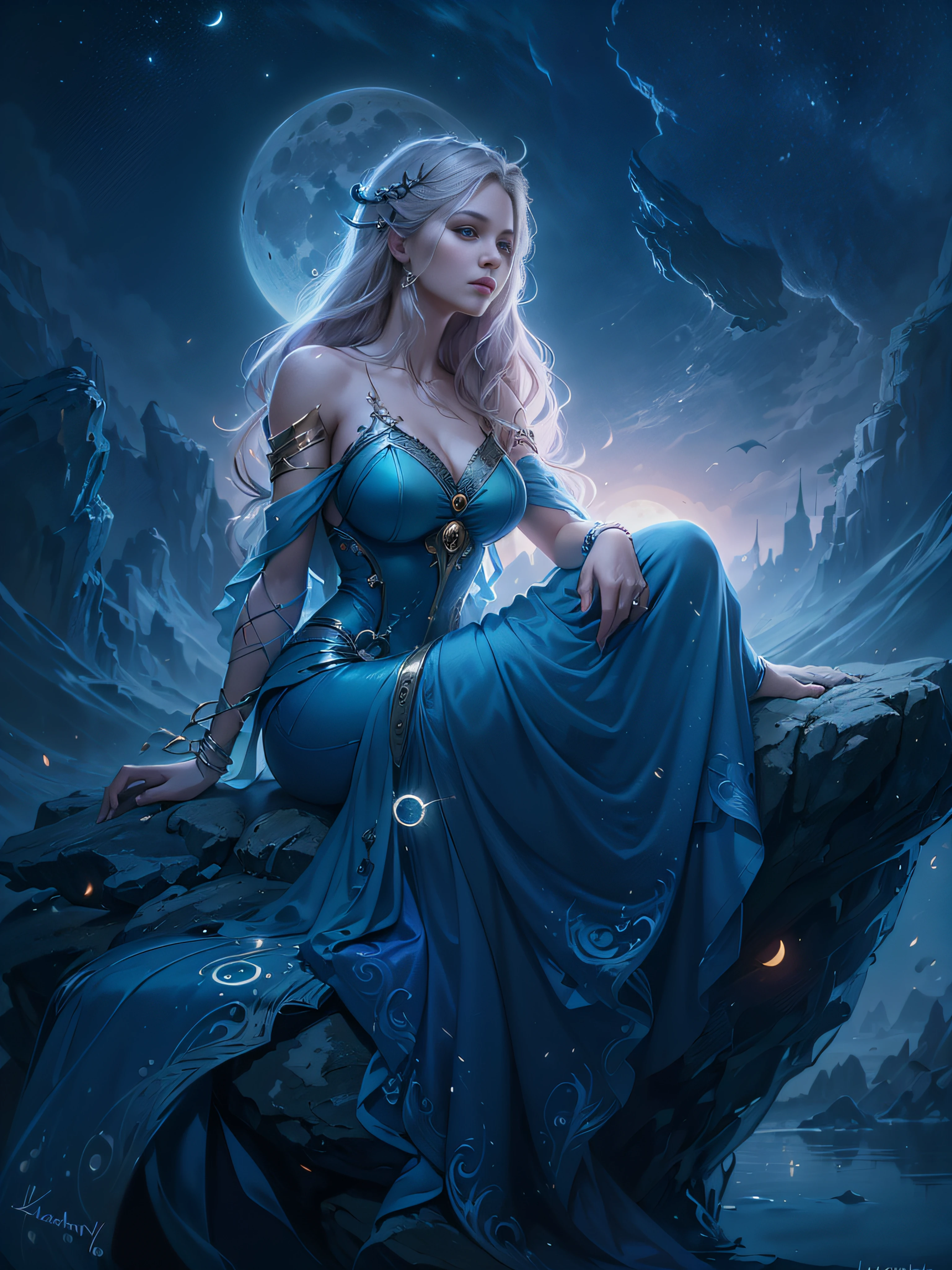 arafed woman in a blue dress sitting on a rock, Lucian, lunar goddess, karol bak uhd, portrait of a norse moon goddess, moonlit night dreamy atmosphere, Fantasy Woman, Goddess of the moon, dream magical、aethereal、darkly, Ethereal beauty, lunar goddess, Beautiful Rapunzel, beautiful fantasy maiden, dreamy night